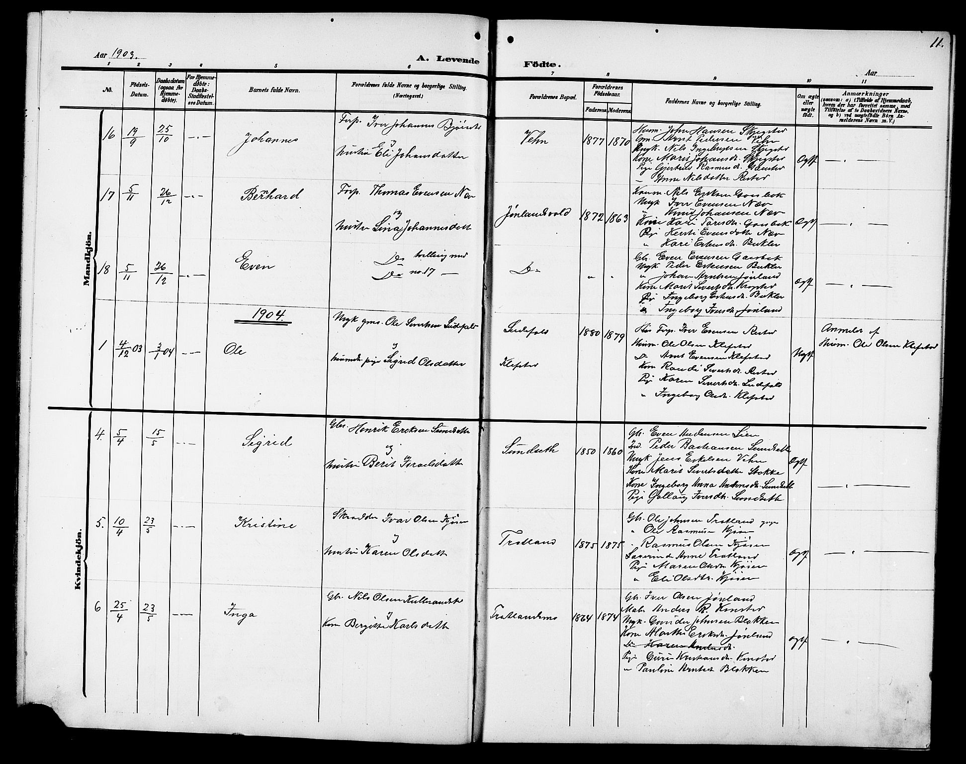 Ministerialprotokoller, klokkerbøker og fødselsregistre - Sør-Trøndelag, SAT/A-1456/694/L1133: Parish register (copy) no. 694C05, 1901-1914, p. 11