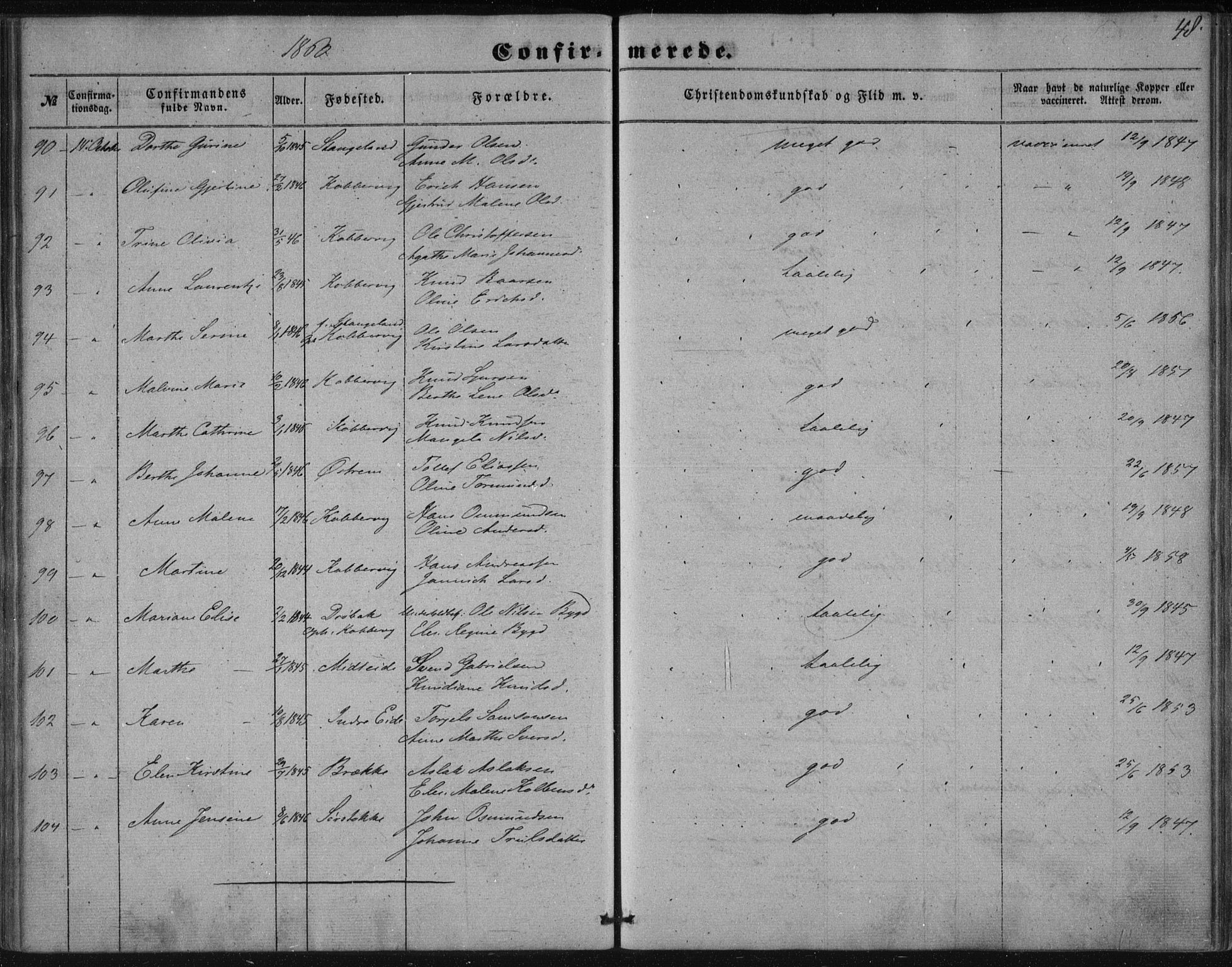 Avaldsnes sokneprestkontor, SAST/A -101851/H/Ha/Haa/L0009: Parish register (official) no. A 9, 1853-1865, p. 48