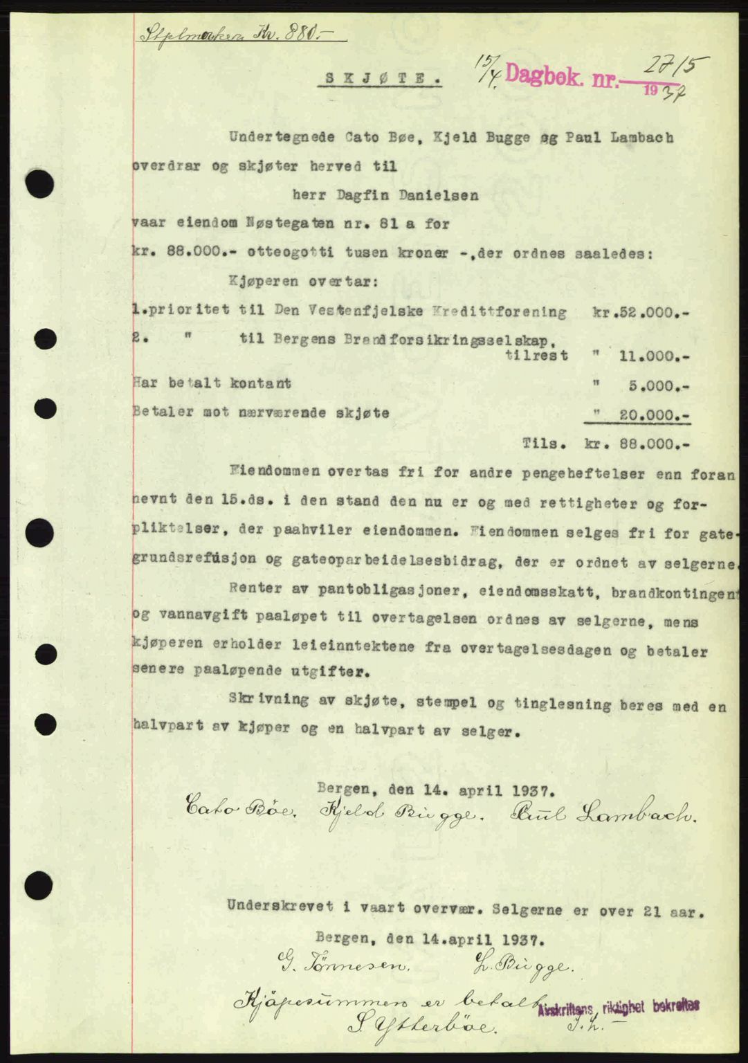 Byfogd og Byskriver i Bergen, SAB/A-3401/03/03Bc/L0004: Mortgage book no. A3-4, 1936-1937, Diary no: : 2715/1937