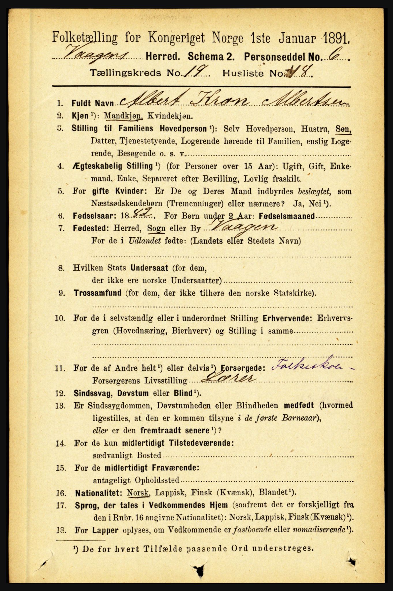 RA, 1891 census for 1865 Vågan, 1891, p. 5822