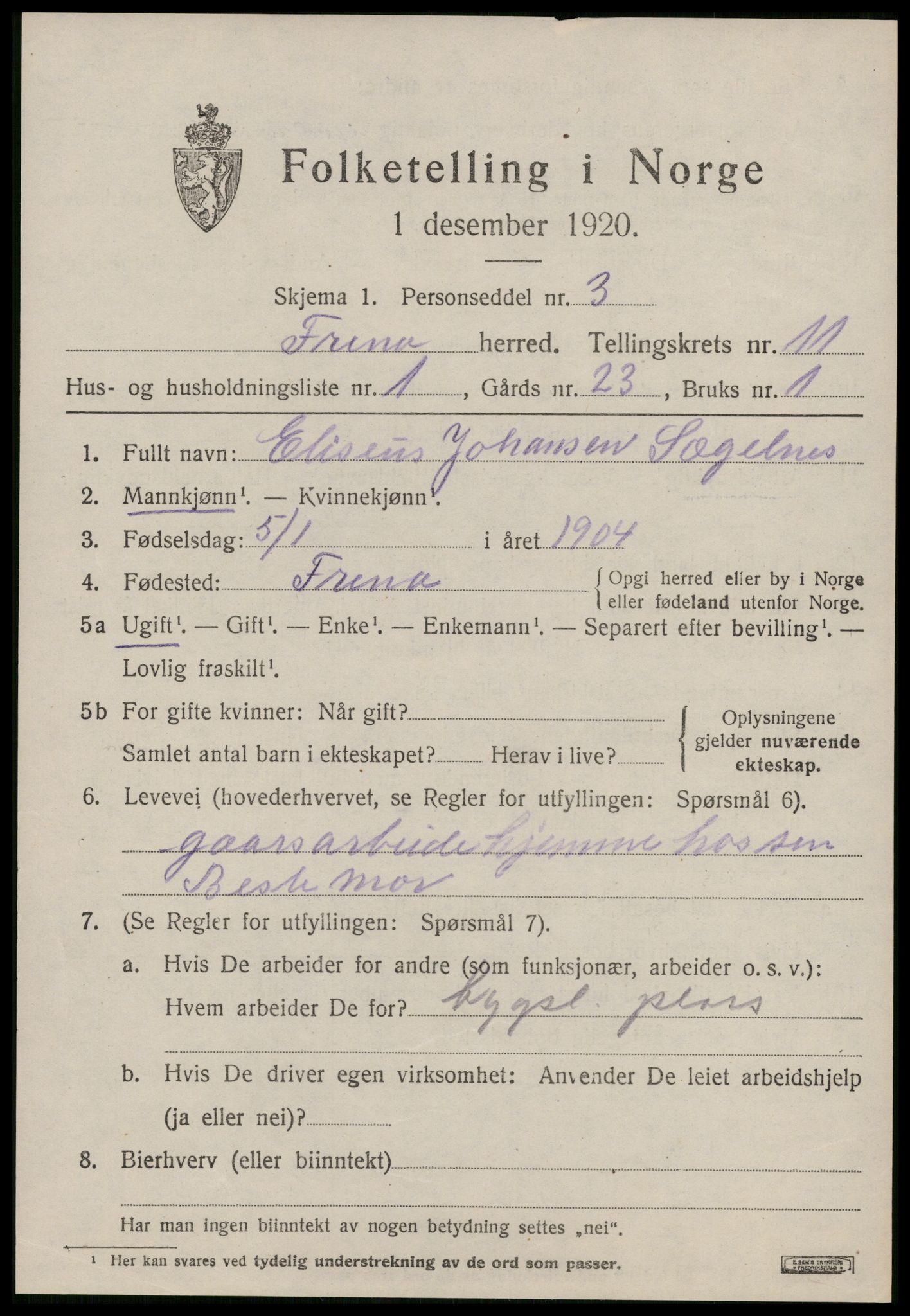 SAT, 1920 census for Fræna, 1920, p. 6061