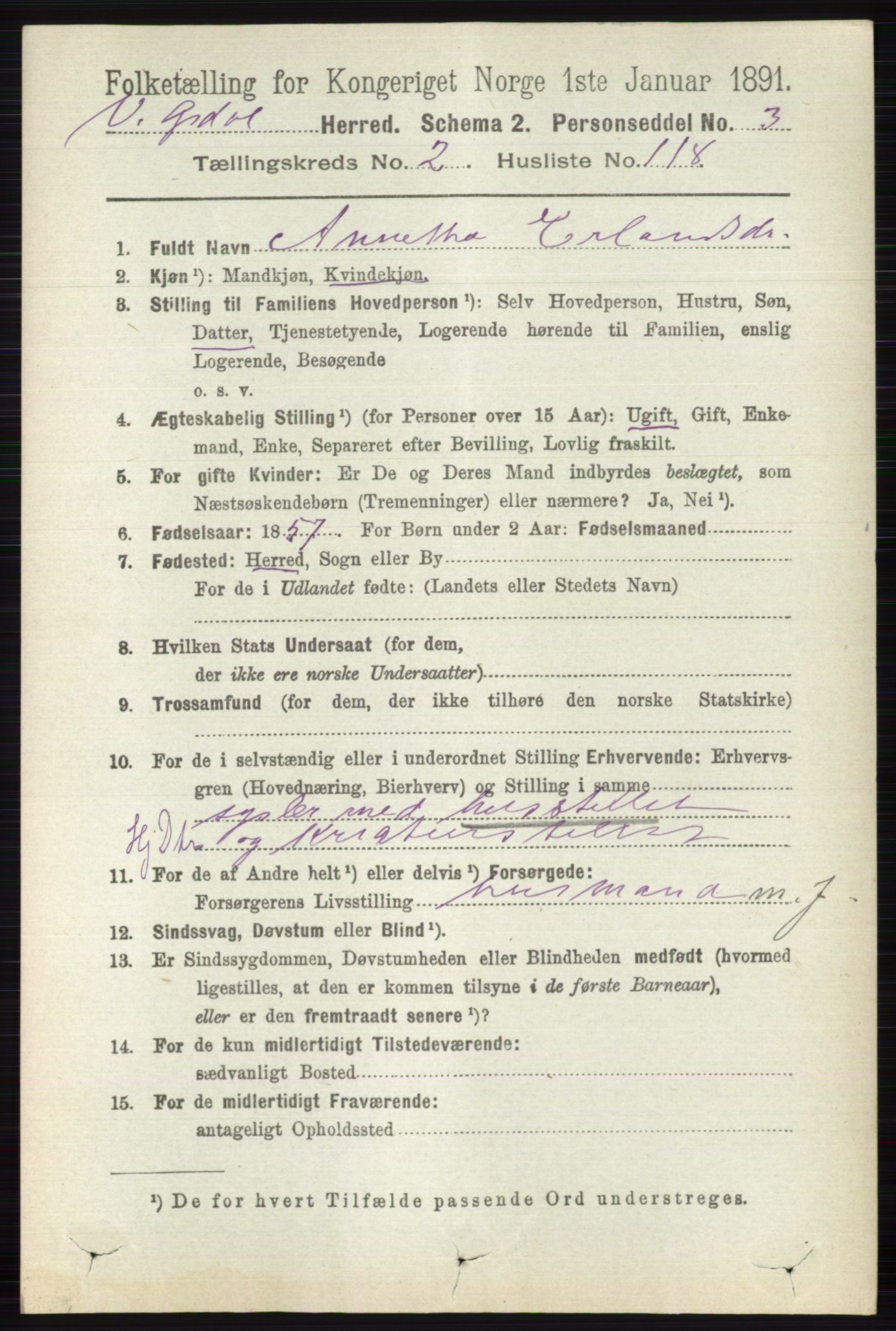 RA, 1891 census for 0523 Vestre Gausdal, 1891, p. 1178