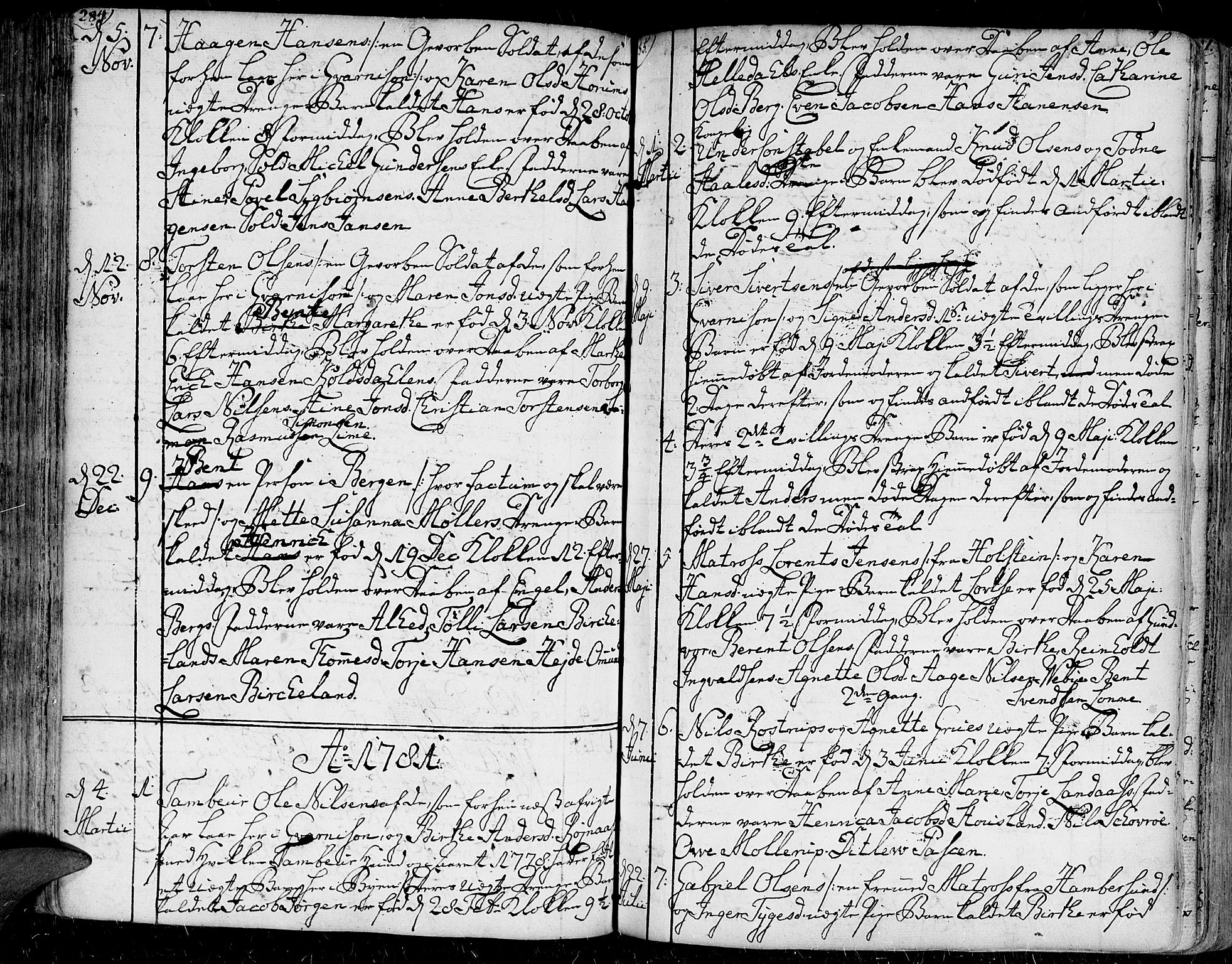 Kristiansand domprosti, SAK/1112-0006/F/Fa/L0001: Parish register (official) no. A 1, 1734-1793, p. 284-285