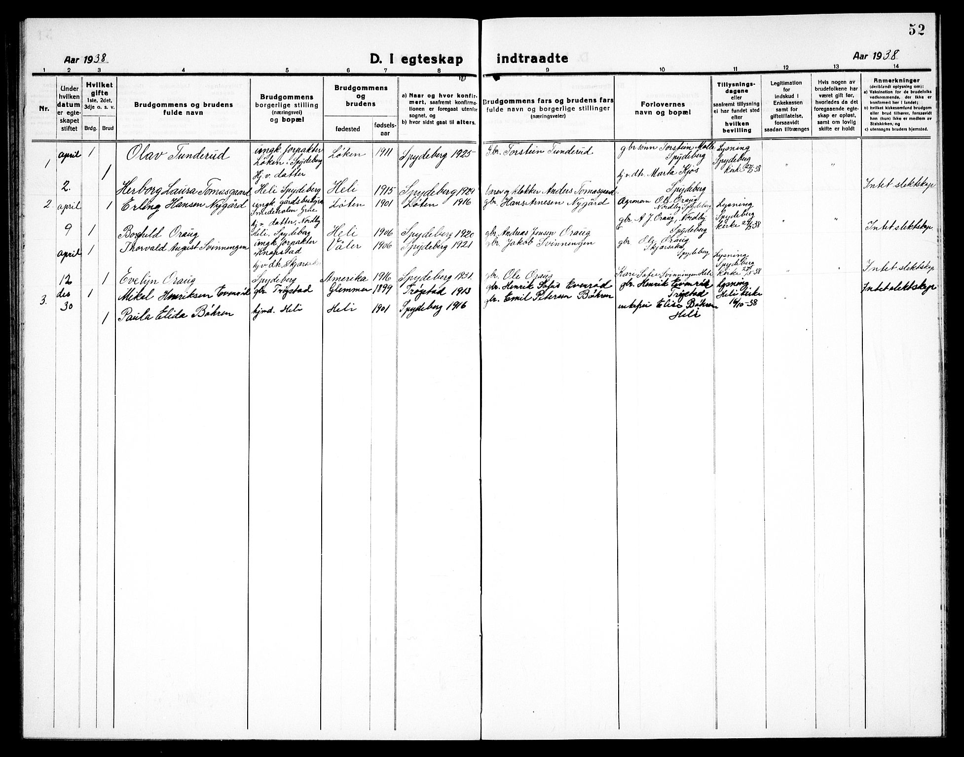 Spydeberg prestekontor Kirkebøker, AV/SAO-A-10924/G/Gc/L0002: Parish register (copy) no. III 2, 1918-1939, p. 52