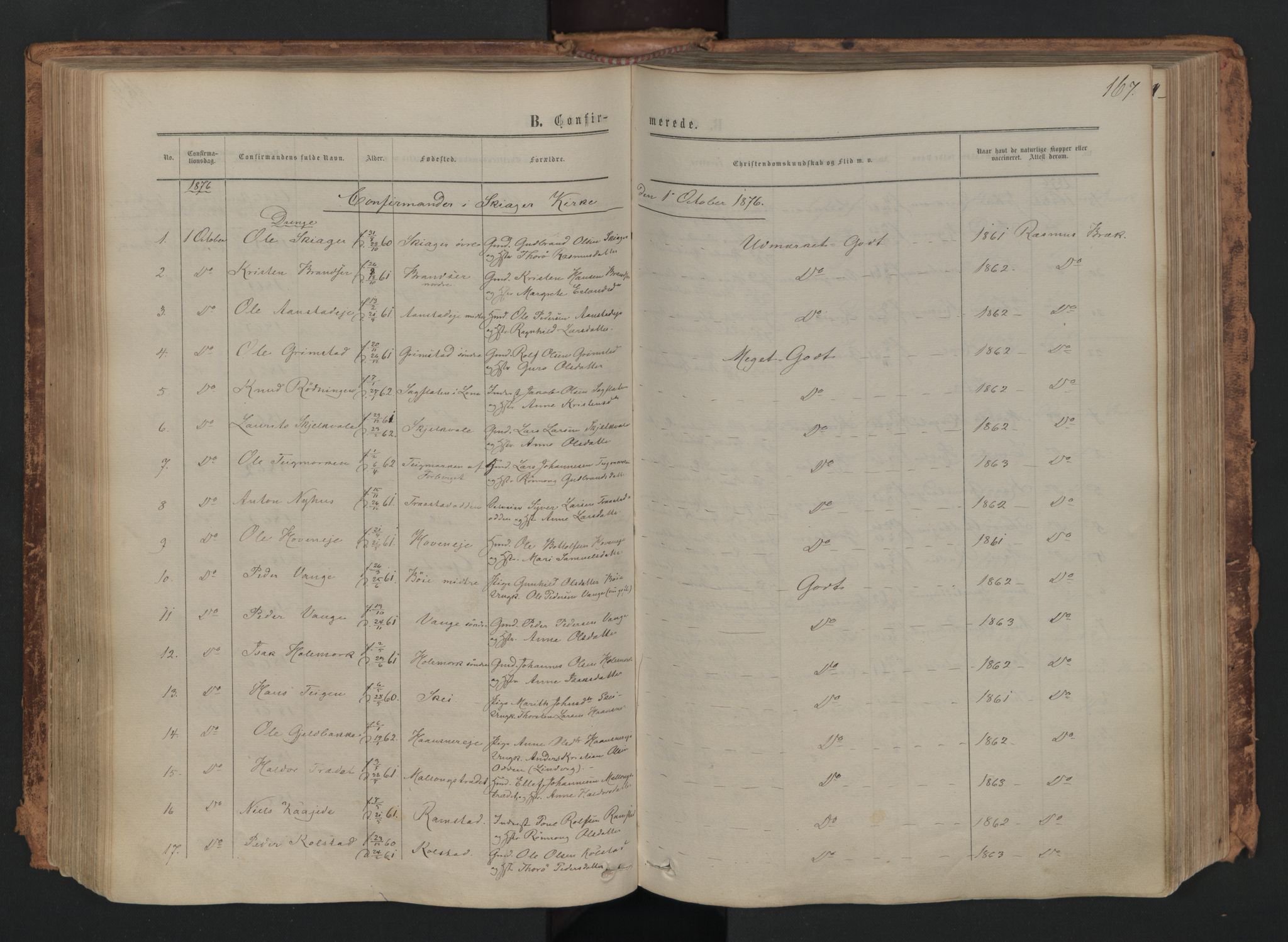 Skjåk prestekontor, SAH/PREST-072/H/Ha/Haa/L0001: Parish register (official) no. 1, 1863-1879, p. 167