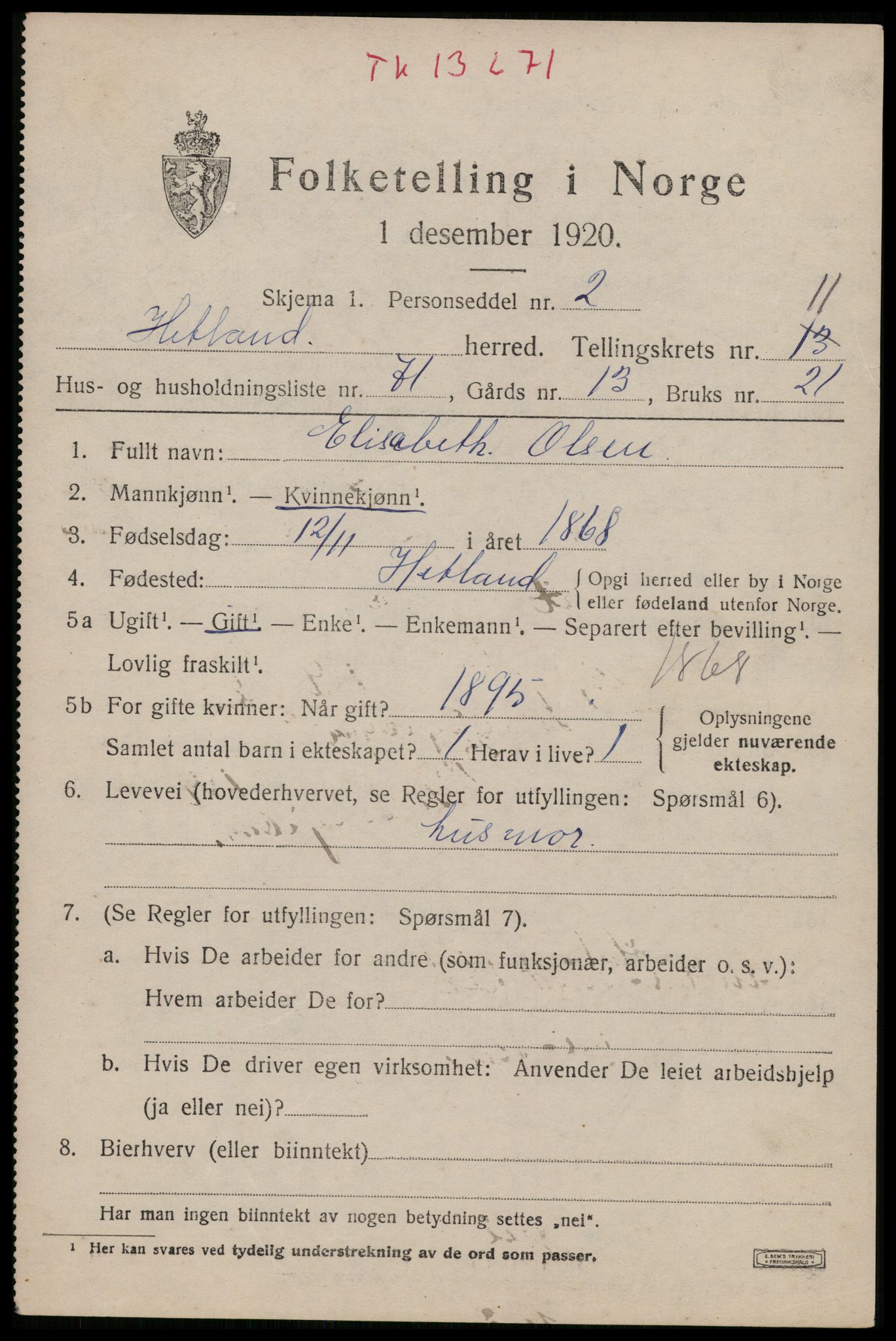 SAST, 1920 census for Hetland, 1920, p. 20881