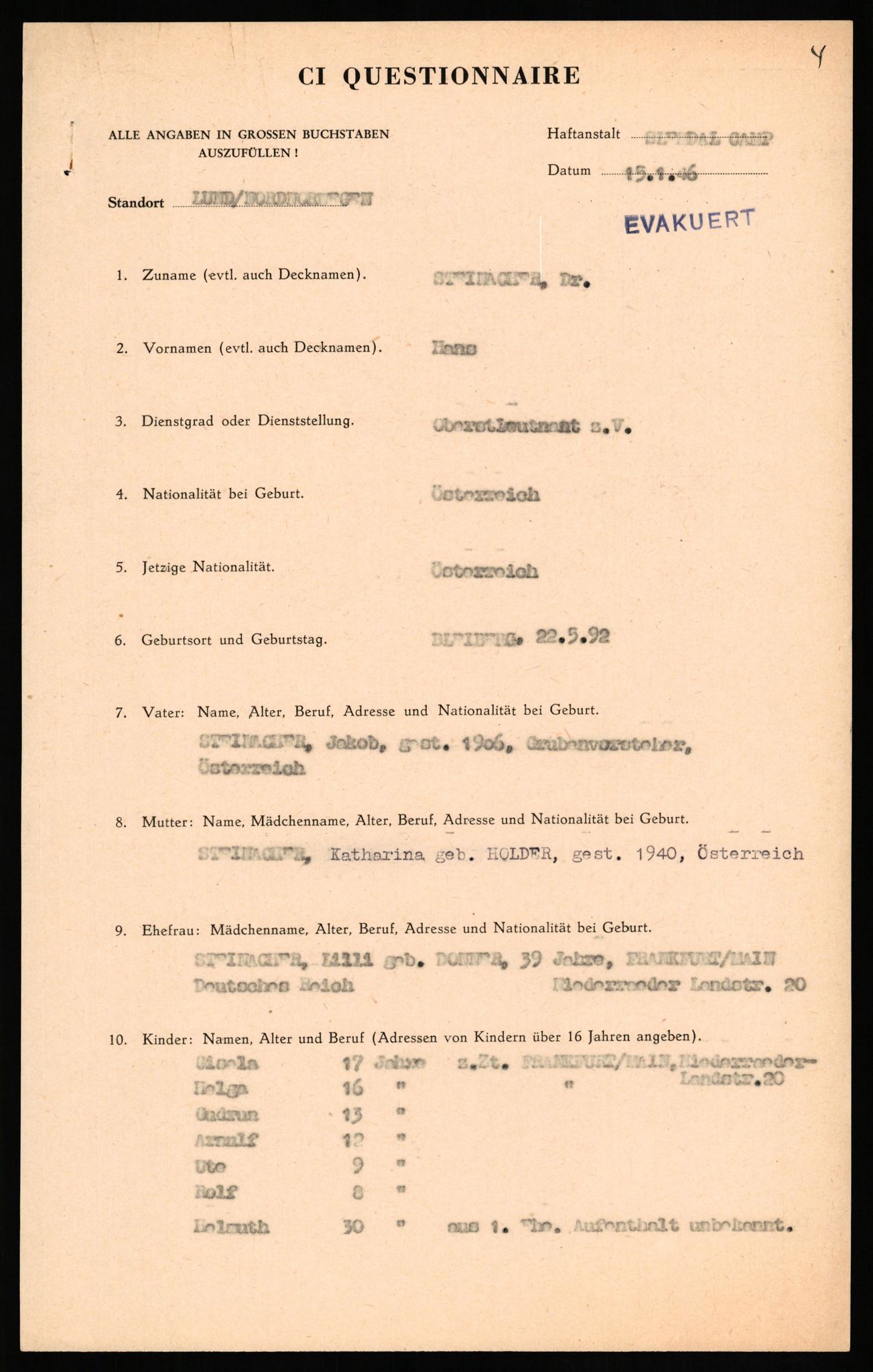 Forsvaret, Forsvarets overkommando II, RA/RAFA-3915/D/Db/L0032: CI Questionaires. Tyske okkupasjonsstyrker i Norge. Tyskere., 1945-1946, p. 393