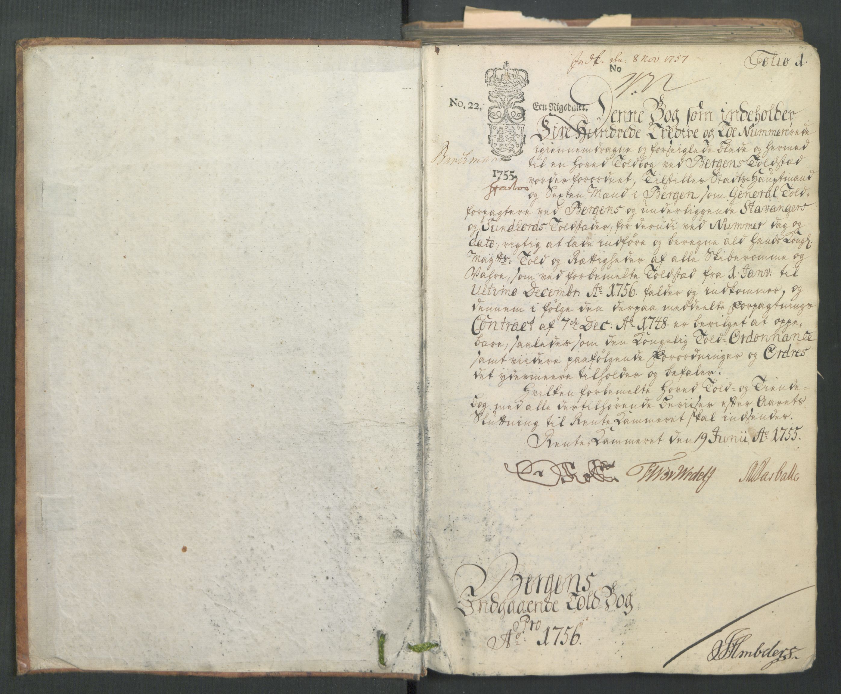 Generaltollkammeret, tollregnskaper, AV/RA-EA-5490/R26/L0065/0001: Tollregnskaper Bergen A / Inngående hovedtollbok, 1756, p. 1a