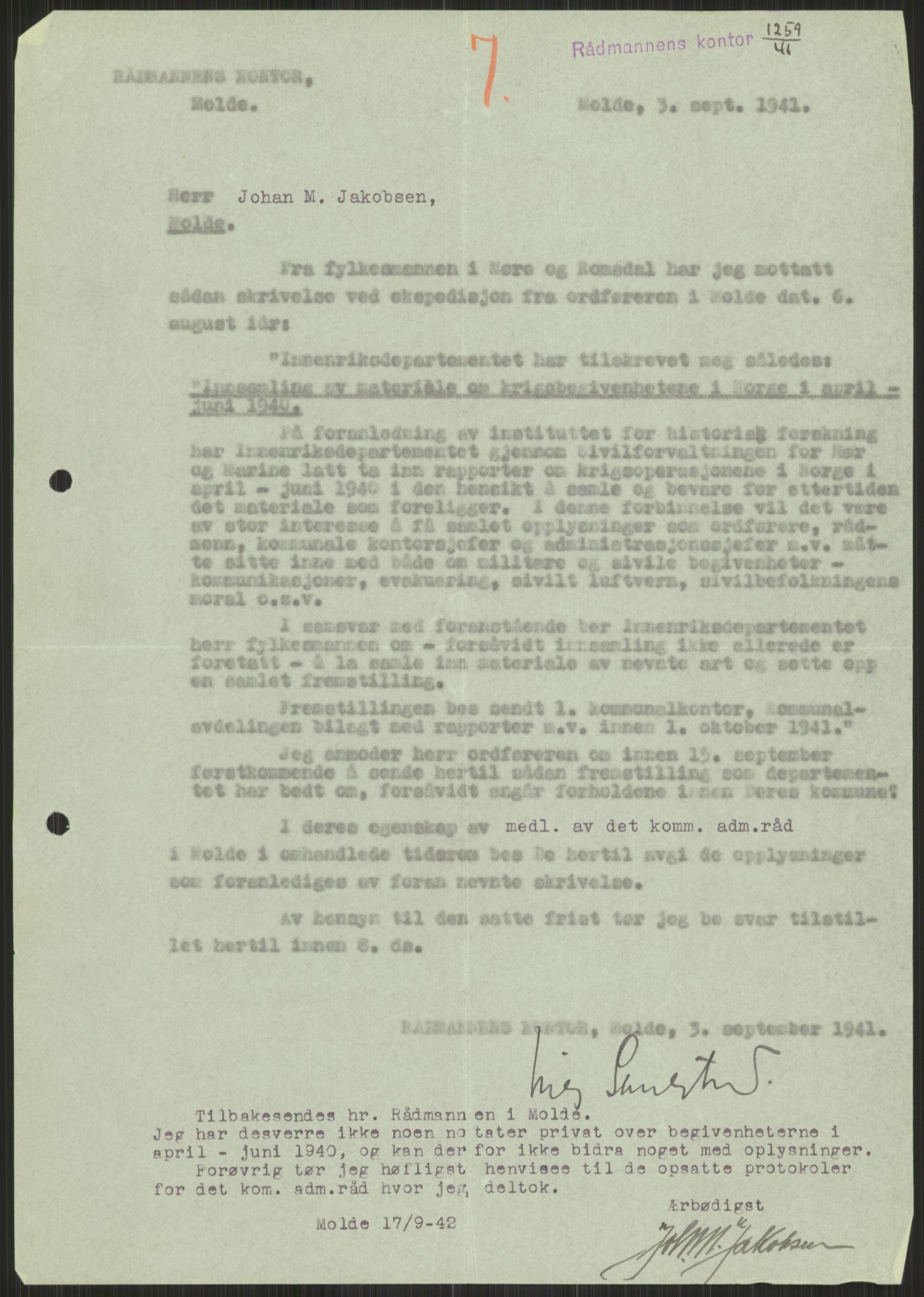 Forsvaret, Forsvarets krigshistoriske avdeling, AV/RA-RAFA-2017/Y/Ya/L0015: II-C-11-31 - Fylkesmenn.  Rapporter om krigsbegivenhetene 1940., 1940, p. 716