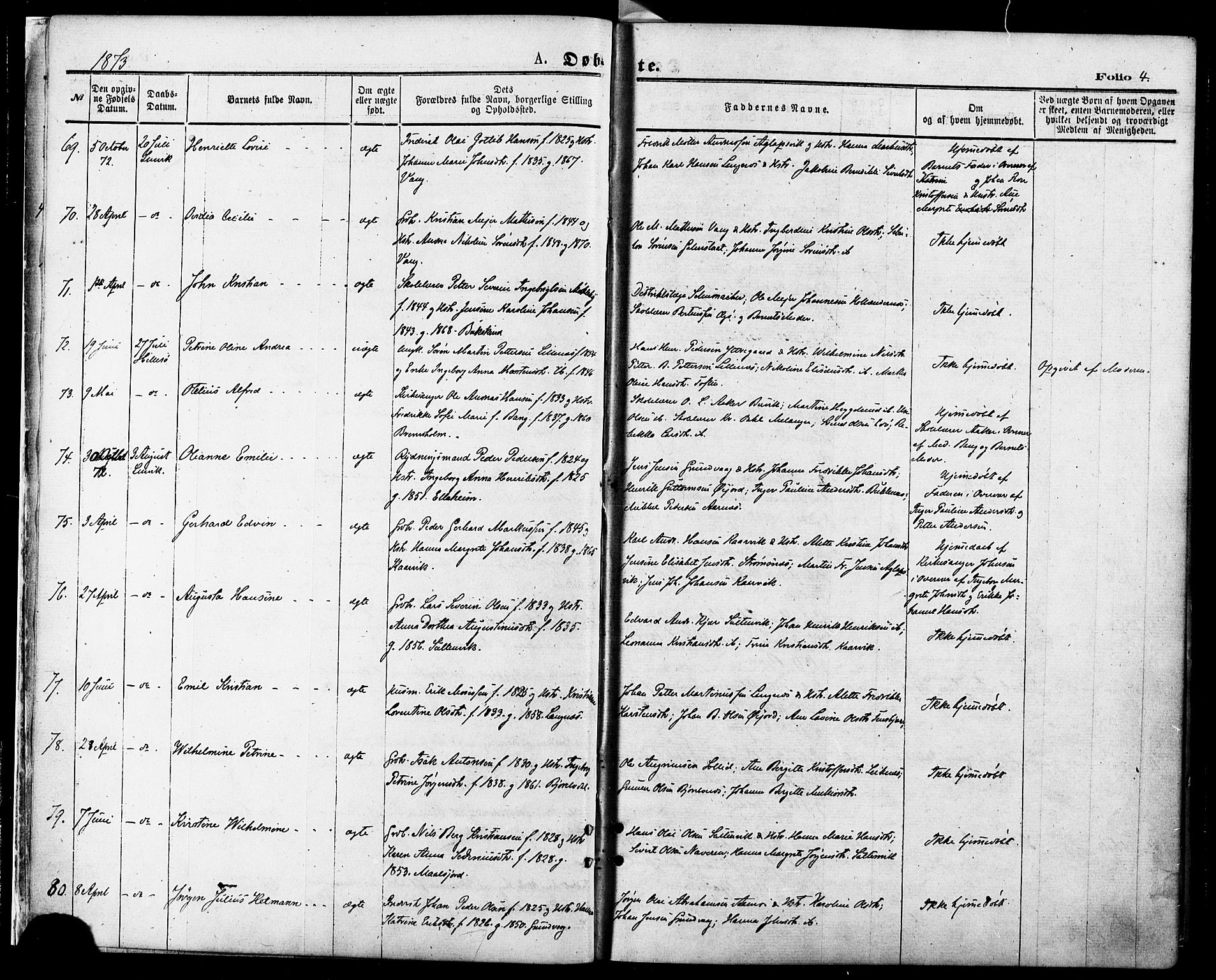 Lenvik sokneprestembete, SATØ/S-1310/H/Ha/Haa/L0010kirke: Parish register (official) no. 10, 1873-1880, p. 4