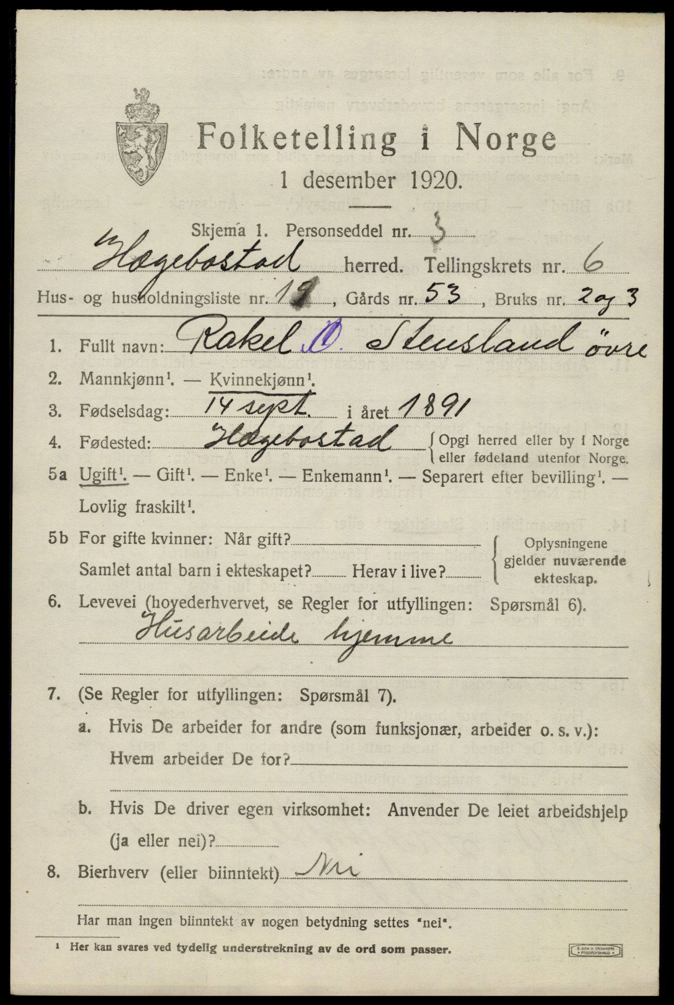 SAK, 1920 census for Hægebostad, 1920, p. 2079