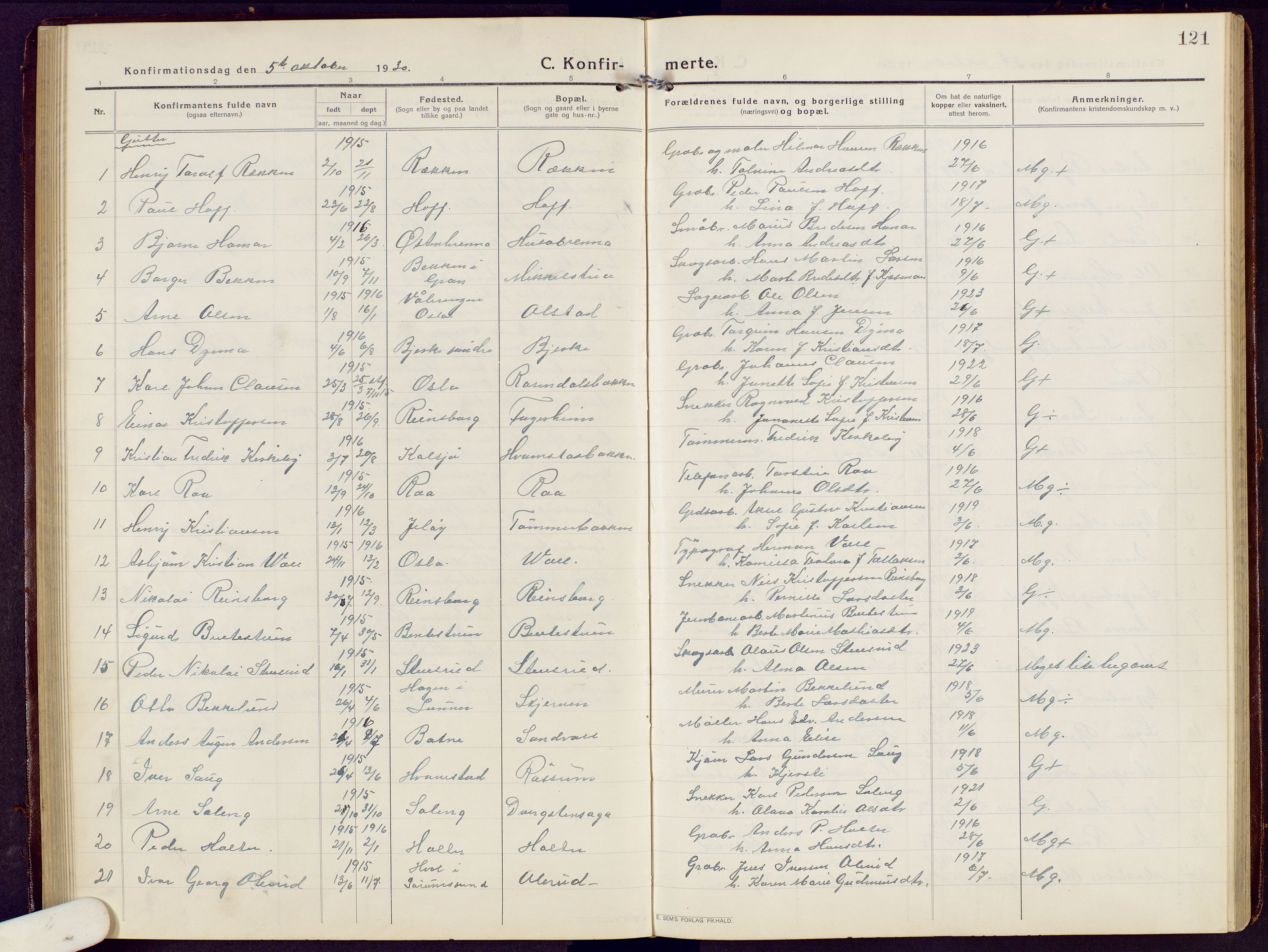 Brandbu prestekontor, SAH/PREST-114/H/Ha/Hab/L0010: Parish register (copy) no. 10, 1916-1930, p. 121