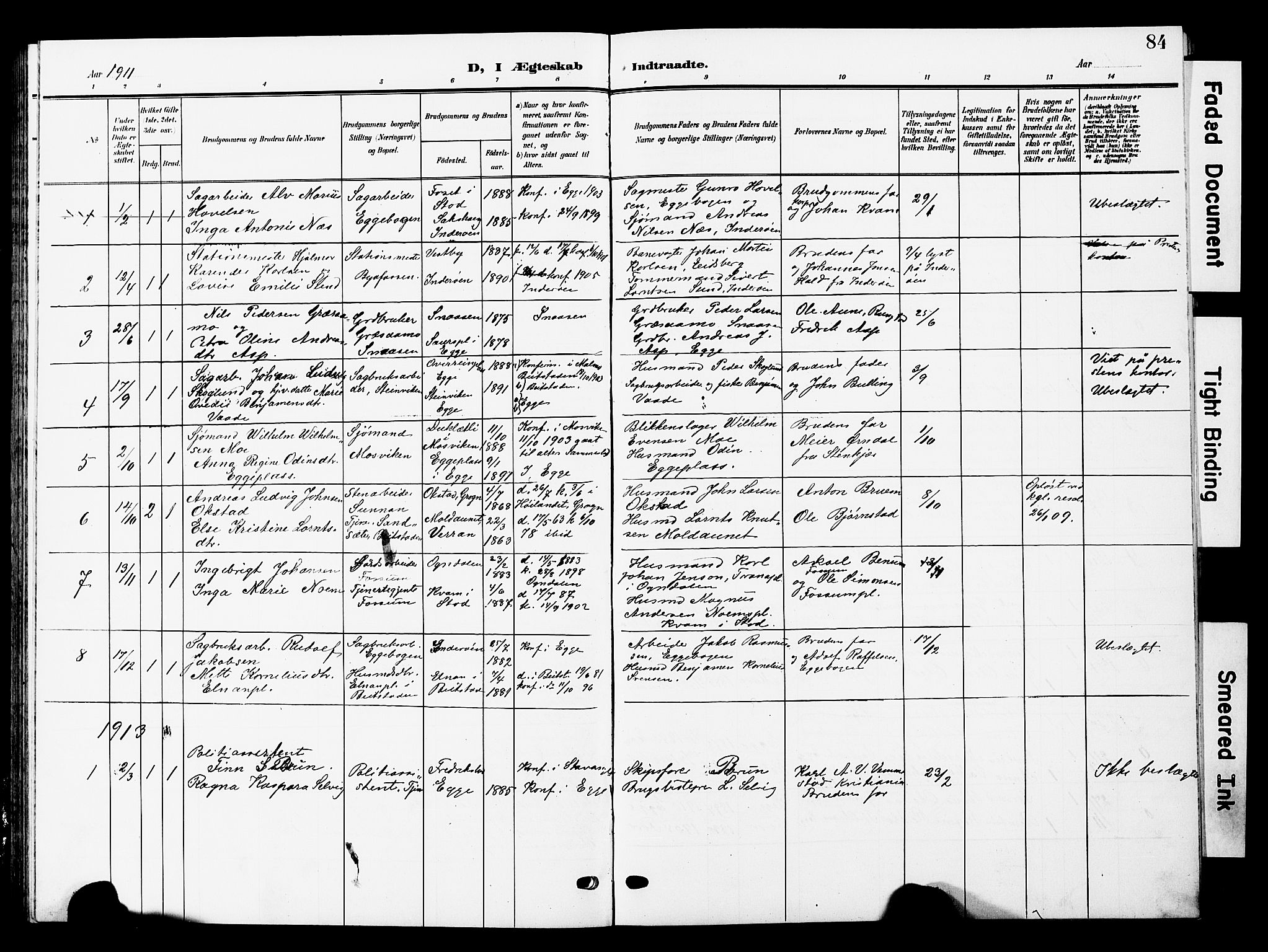 Ministerialprotokoller, klokkerbøker og fødselsregistre - Nord-Trøndelag, SAT/A-1458/740/L0381: Parish register (copy) no. 740C02, 1903-1914, p. 84