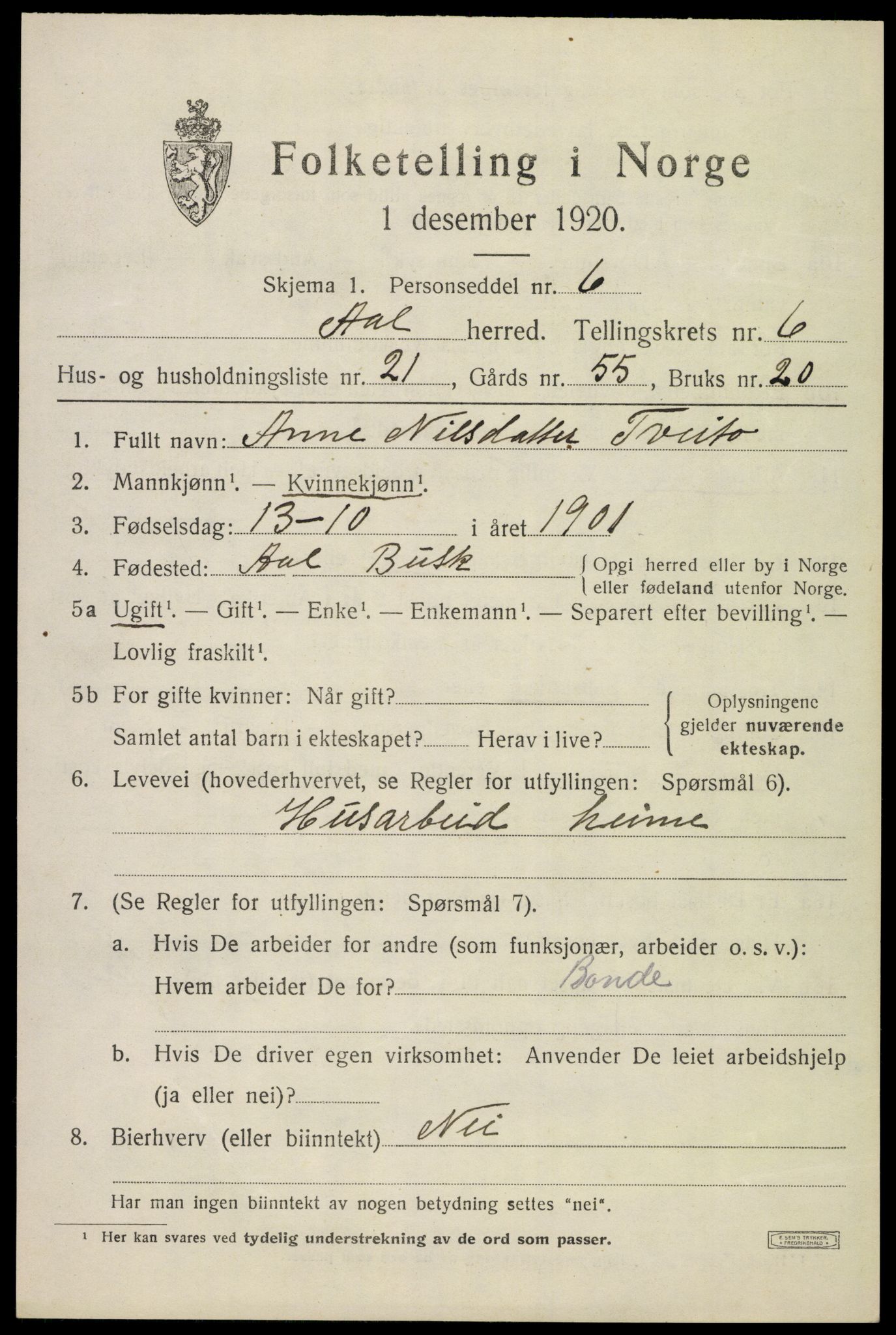 SAKO, 1920 census for Ål, 1920, p. 4578