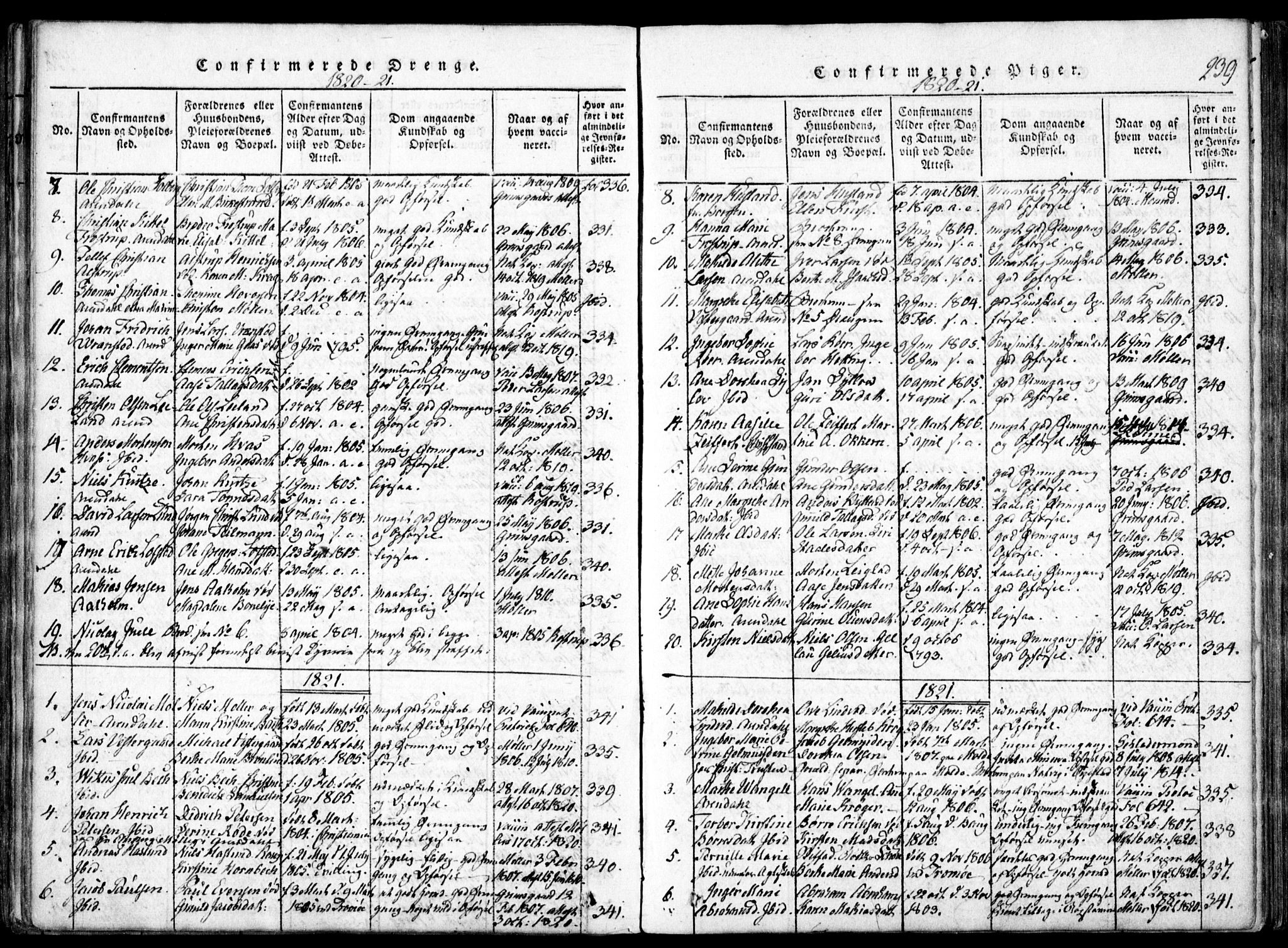 Arendal sokneprestkontor, Trefoldighet, SAK/1111-0040/F/Fa/L0004: Parish register (official) no. A 4, 1816-1839, p. 239