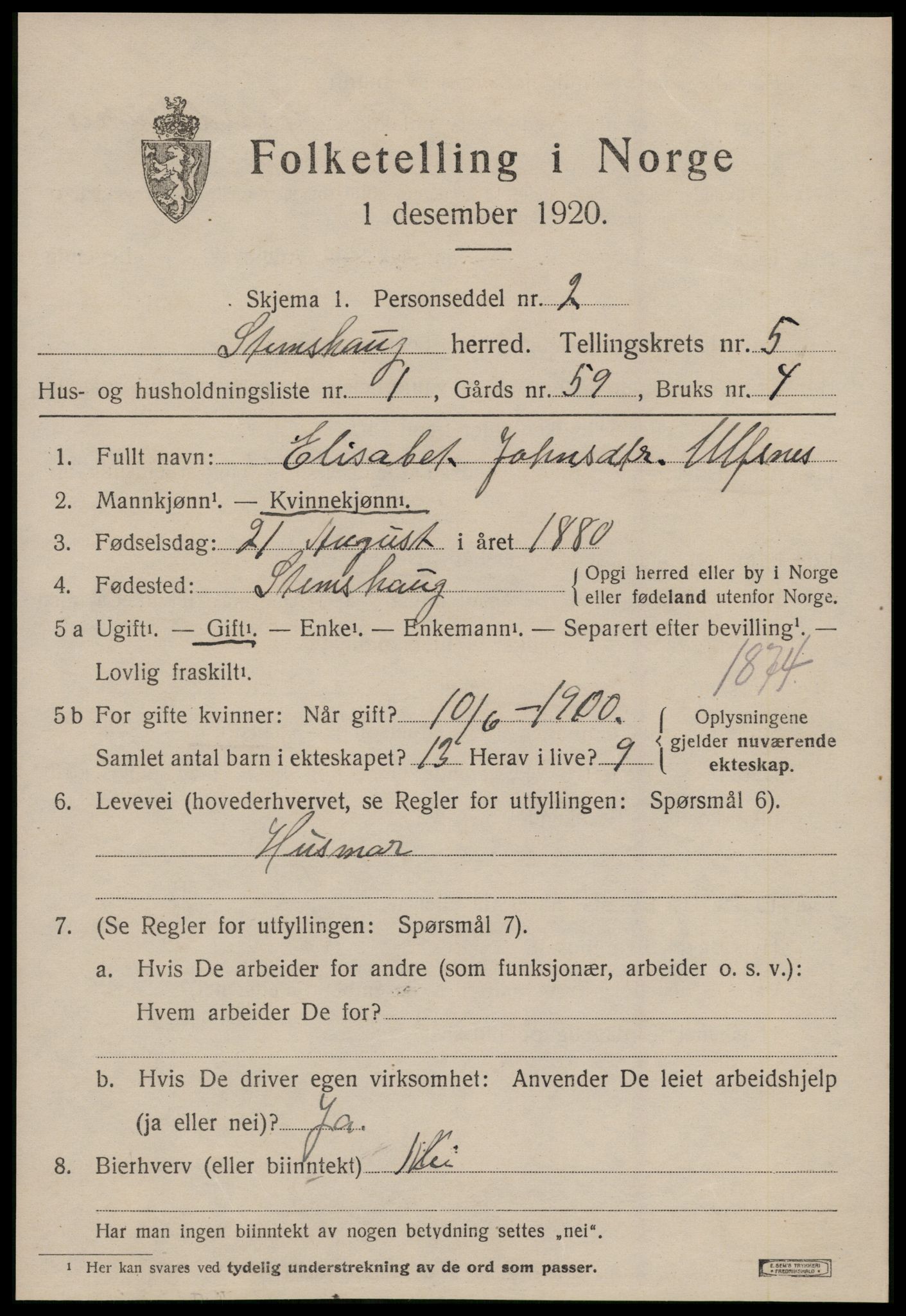 SAT, 1920 census for Stemshaug, 1920, p. 1894