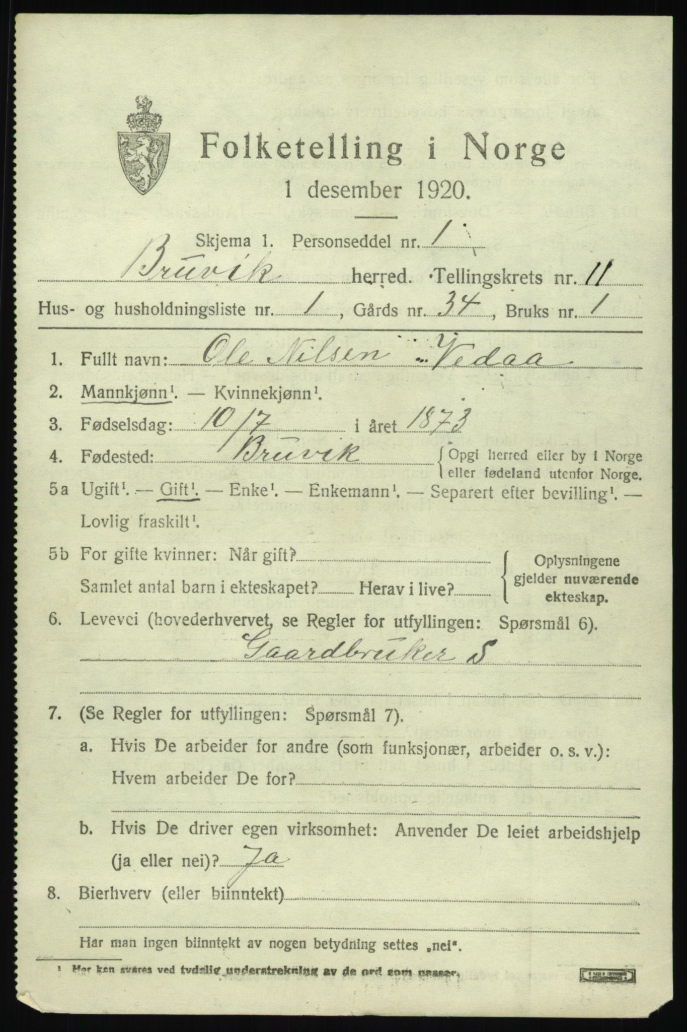 SAB, 1920 census for Bruvik, 1920, p. 7698