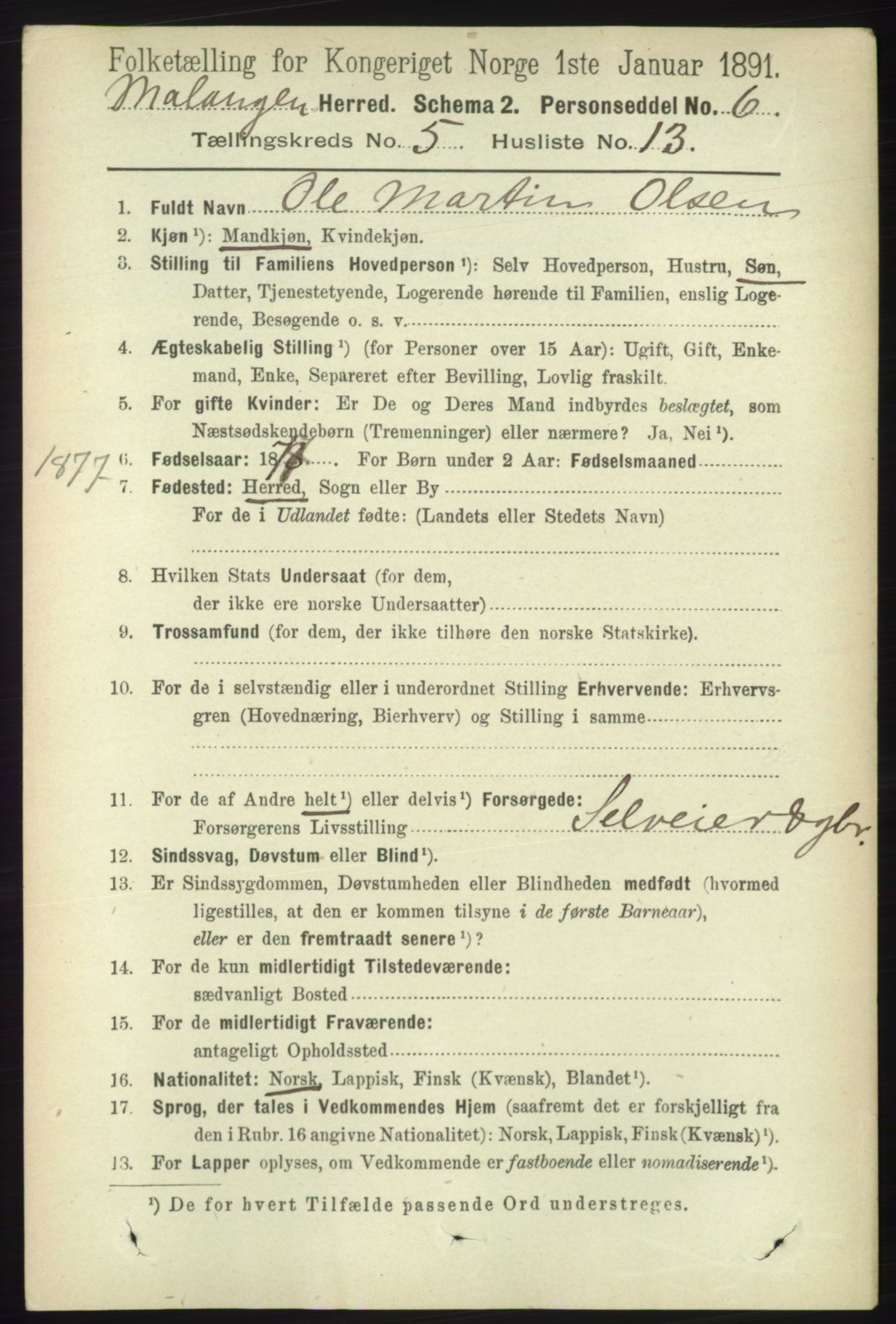 RA, 1891 census for 1932 Malangen, 1891, p. 1627