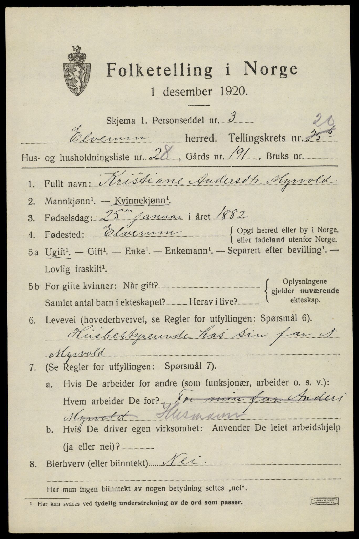 SAH, 1920 census for Elverum, 1920, p. 23602