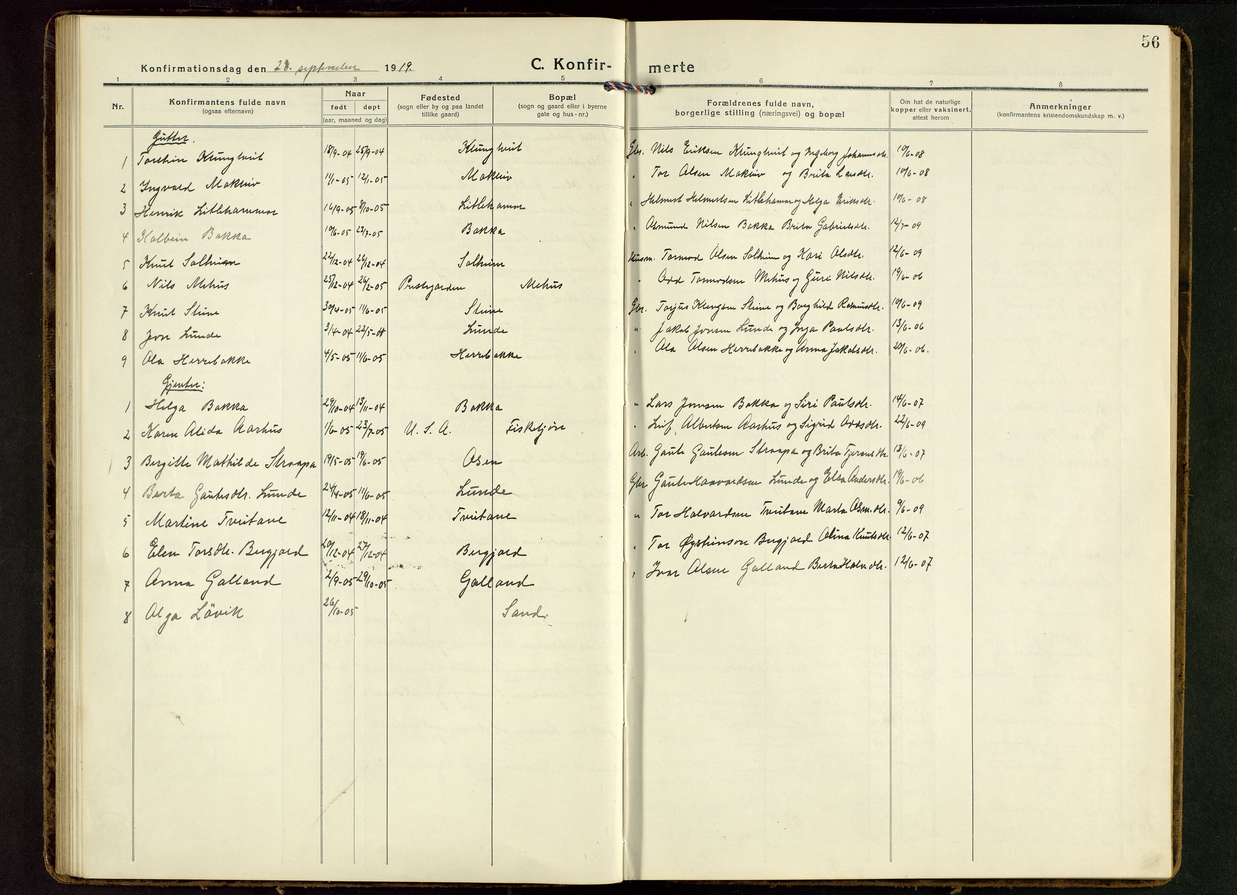 Suldal sokneprestkontor, SAST/A-101845/01/V/L0007: Parish register (copy) no. B 7, 1917-1946, p. 56
