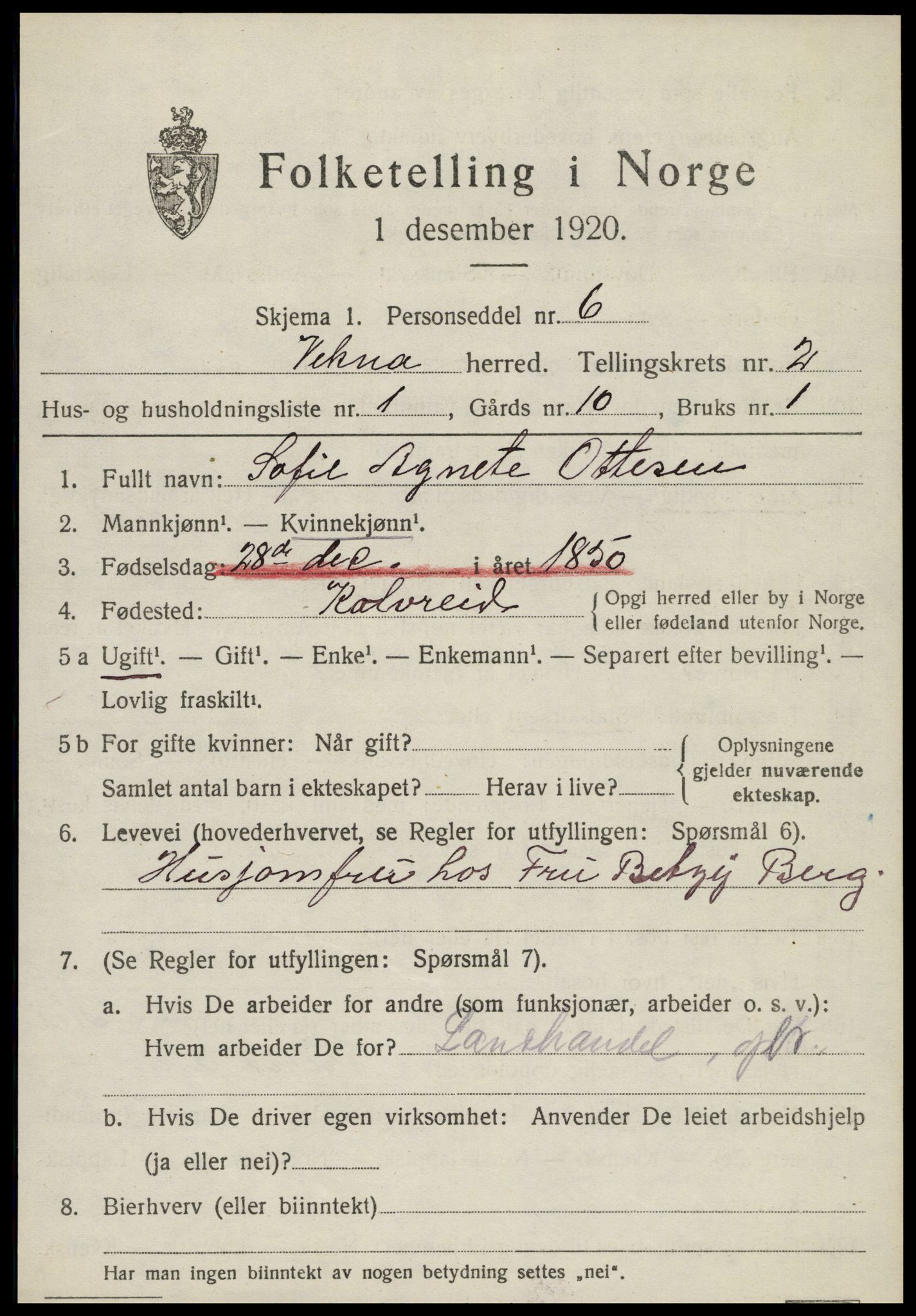 SAT, 1920 census for Vikna, 1920, p. 1565