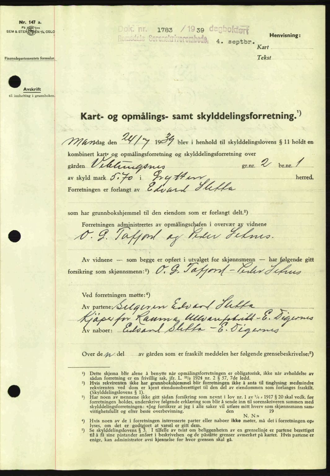 Romsdal sorenskriveri, AV/SAT-A-4149/1/2/2C: Mortgage book no. A7, 1939-1939, Diary no: : 1783/1939