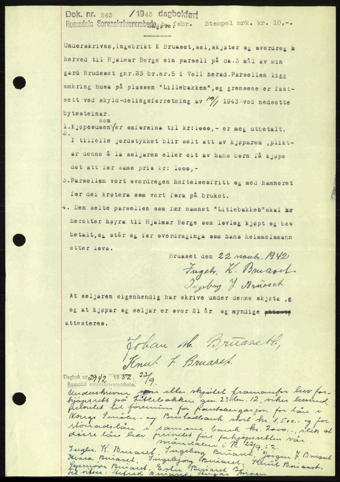 Romsdal sorenskriveri, AV/SAT-A-4149/1/2/2C: Mortgage book no. A13, 1942-1943, Diary no: : 243/1943