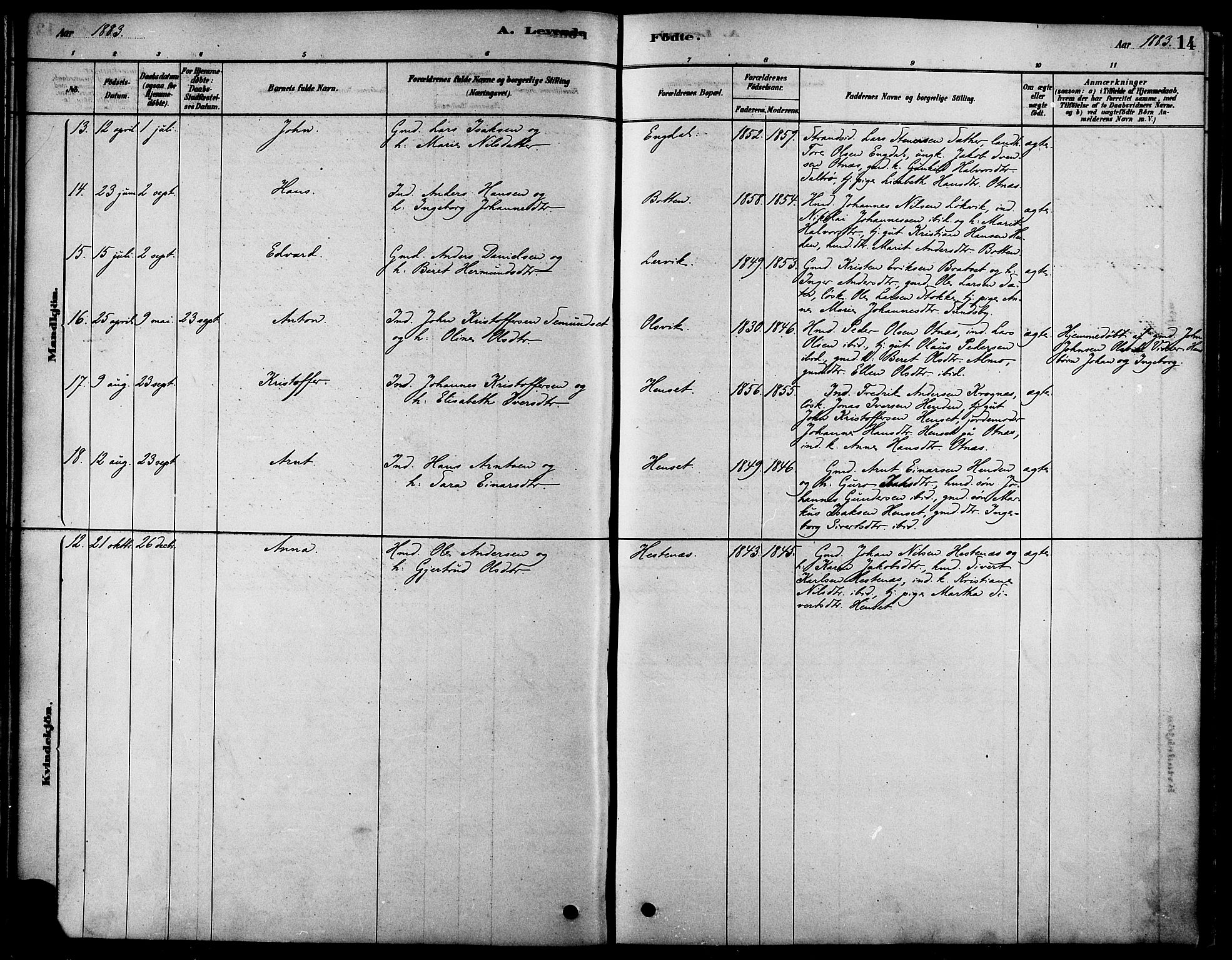 Ministerialprotokoller, klokkerbøker og fødselsregistre - Møre og Romsdal, AV/SAT-A-1454/580/L0924: Parish register (official) no. 580A01, 1878-1887, p. 14