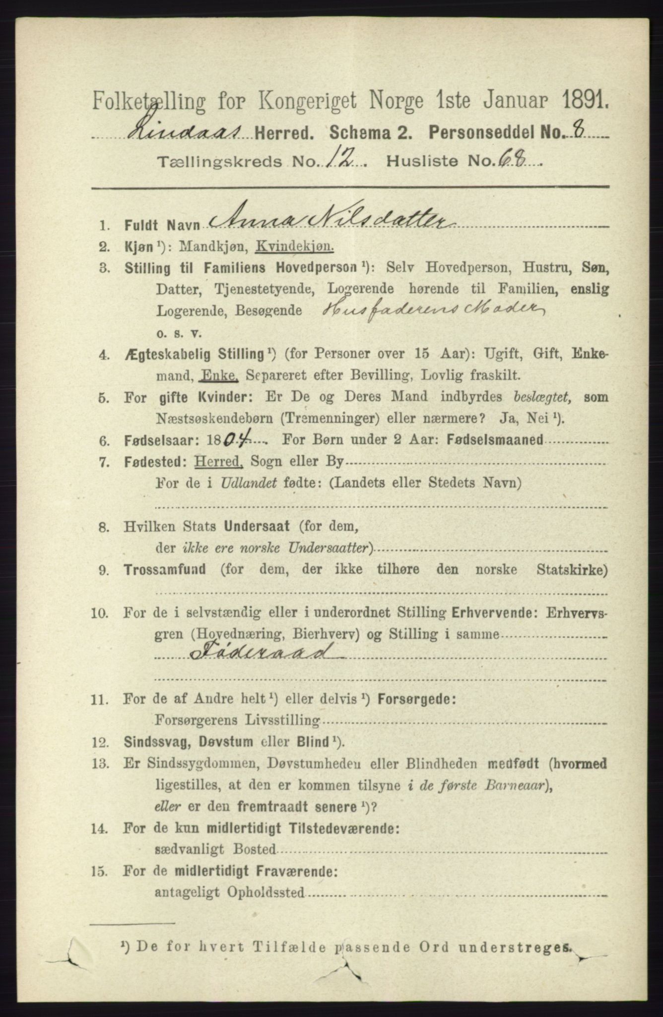 RA, 1891 census for 1263 Lindås, 1891, p. 4491