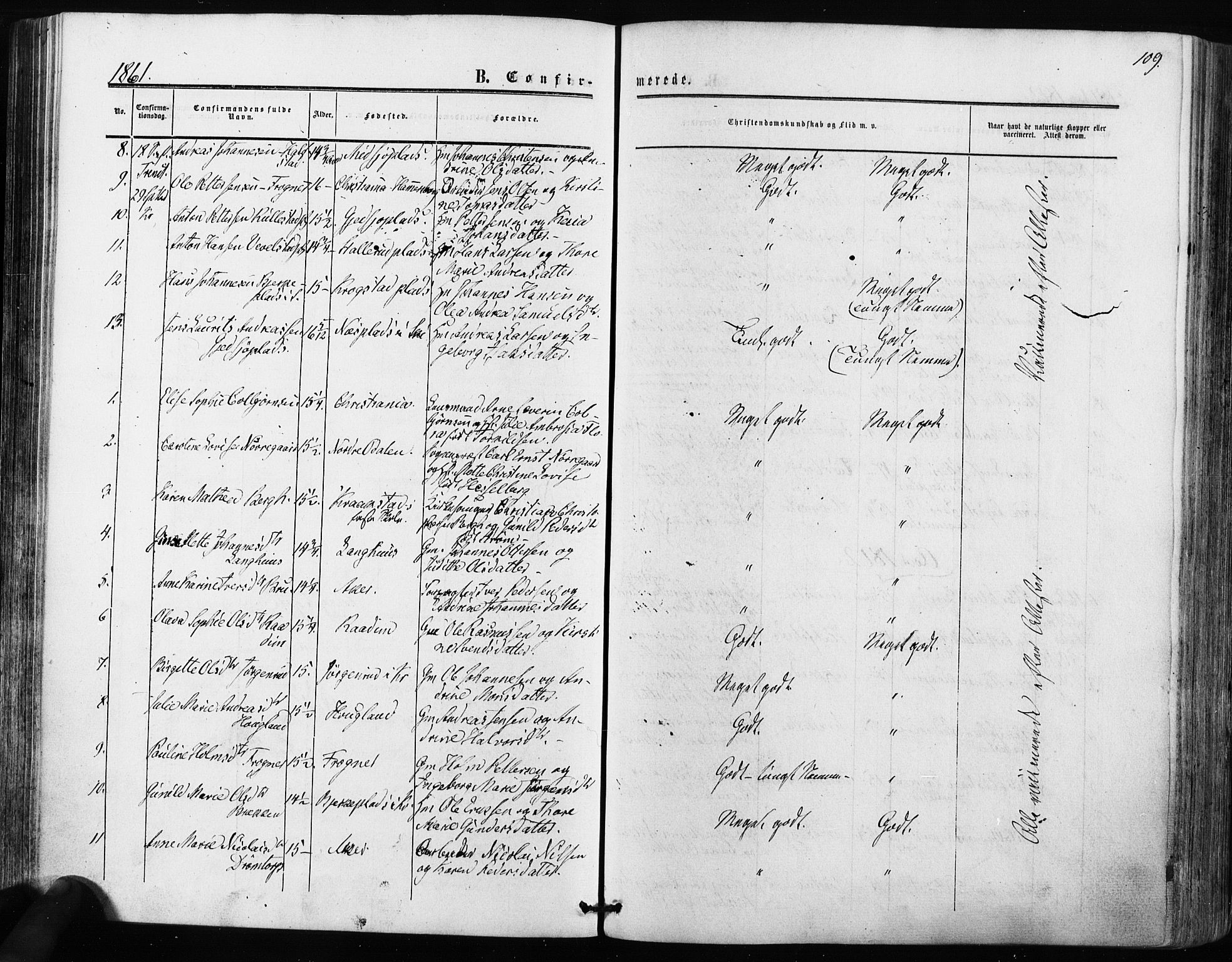 Kråkstad prestekontor Kirkebøker, SAO/A-10125a/F/Fa/L0007: Parish register (official) no. I 7, 1858-1870, p. 109