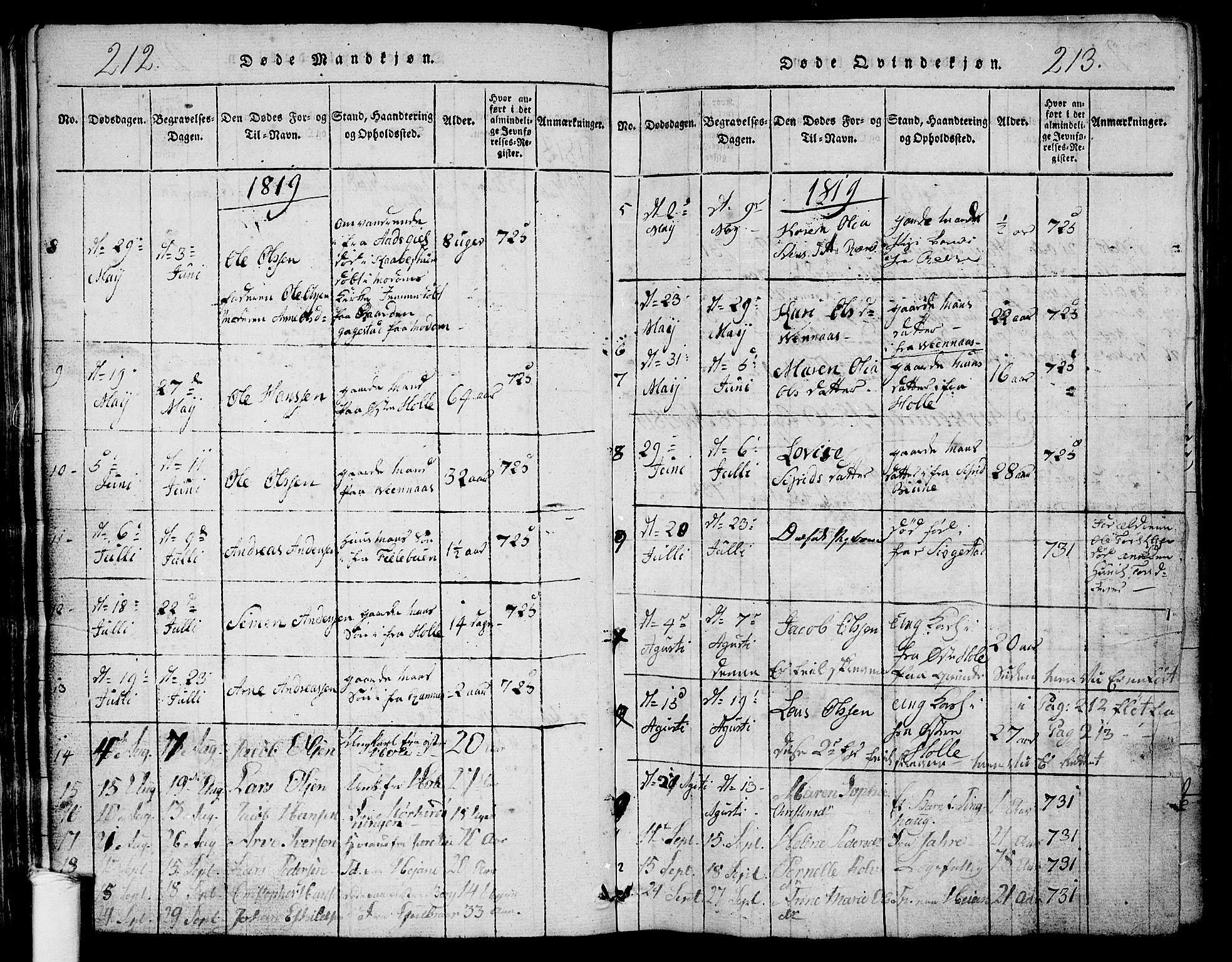 Ramnes kirkebøker, AV/SAKO-A-314/G/Ga/L0001: Parish register (copy) no. I 1, 1813-1847, p. 212-213