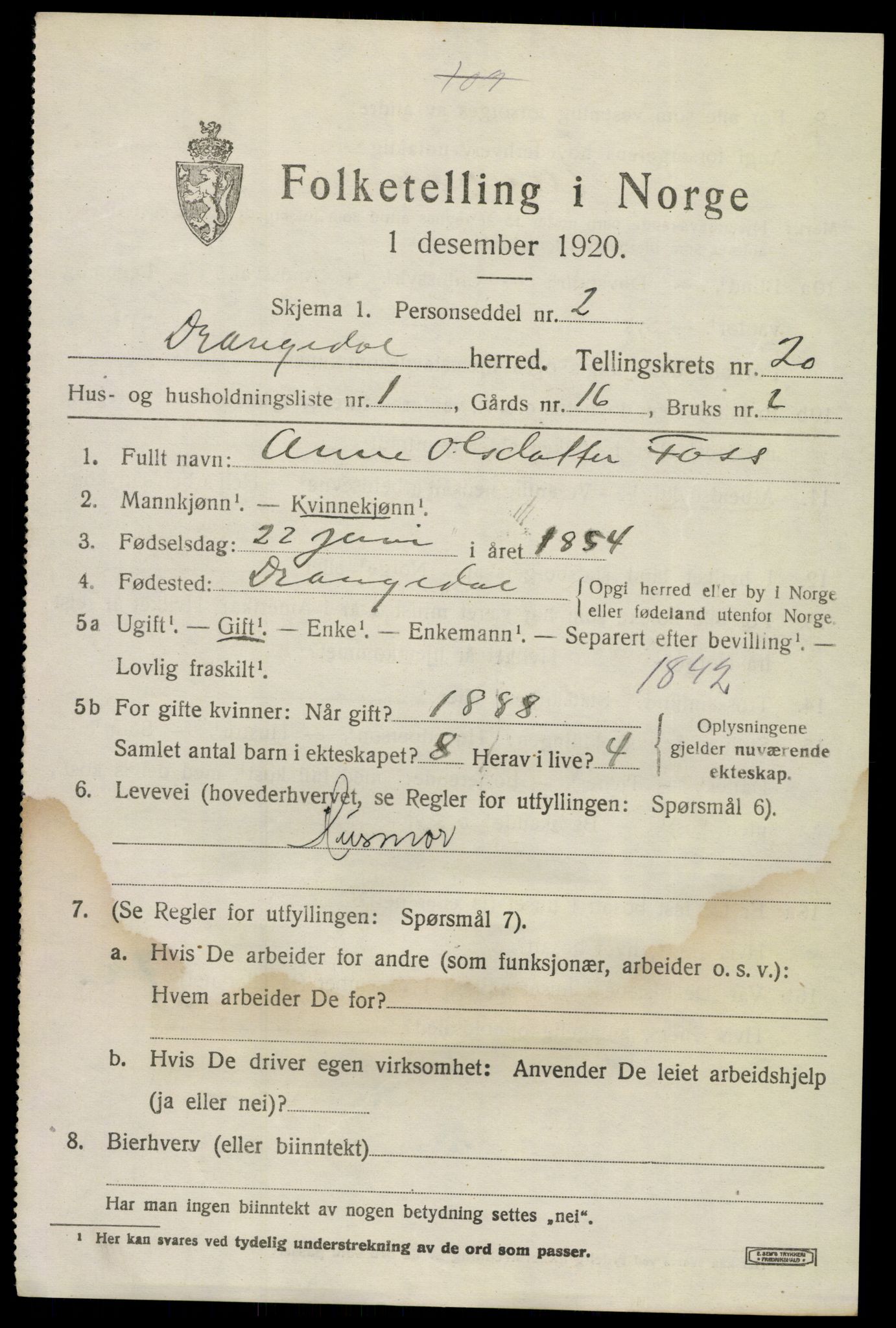 SAKO, 1920 census for Drangedal, 1920, p. 8697