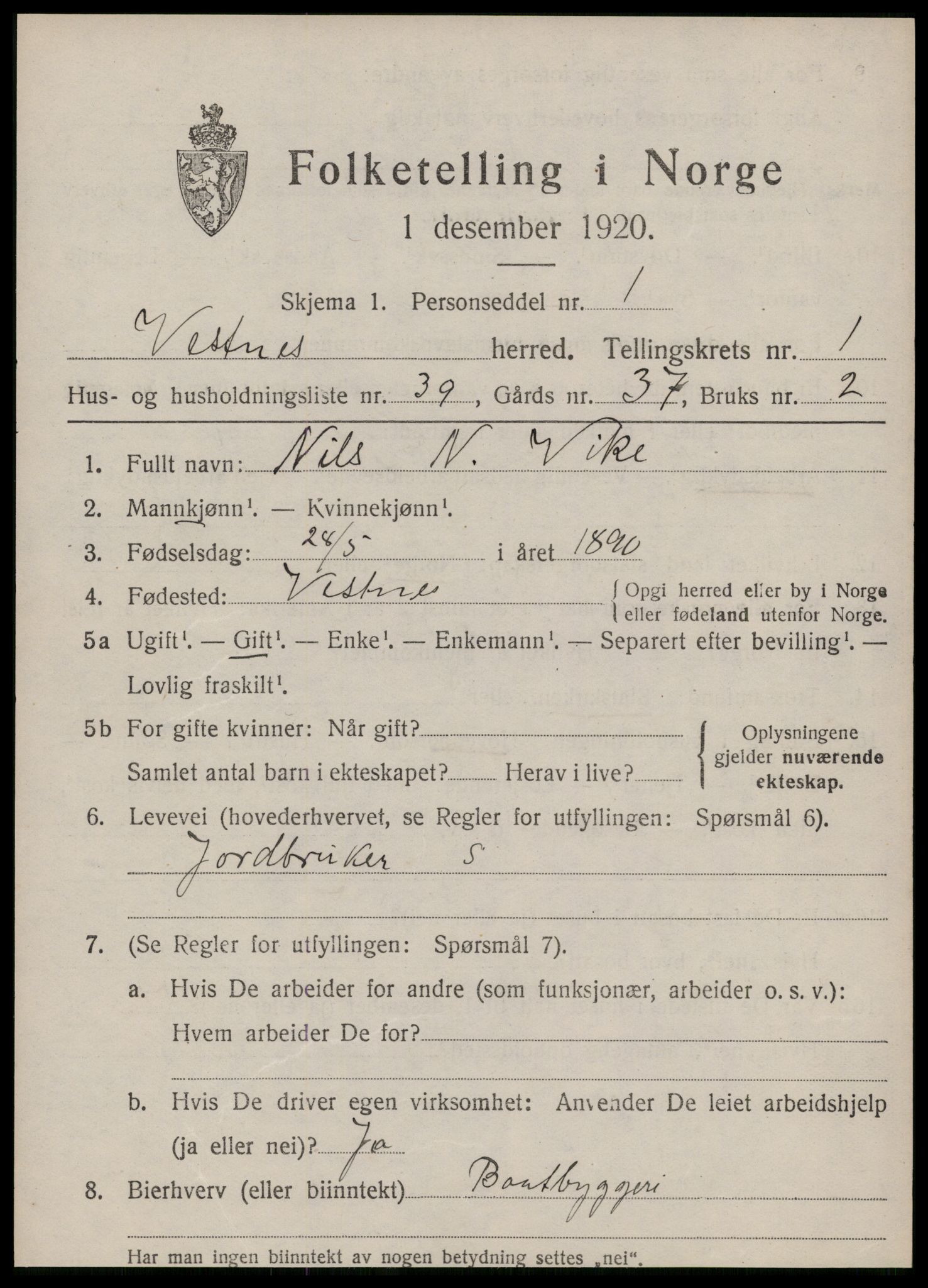 SAT, 1920 census for Vestnes, 1920, p. 1671
