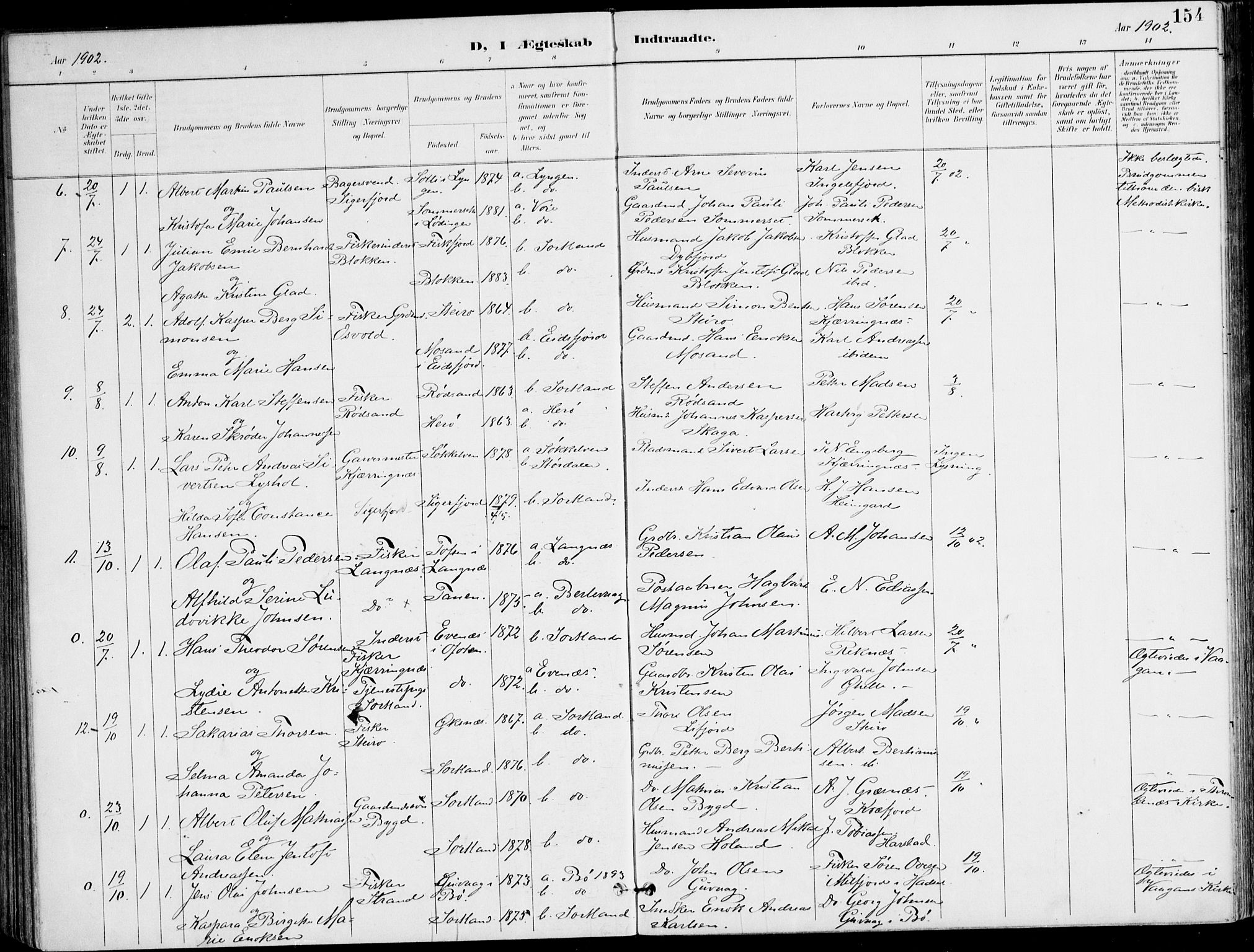 Ministerialprotokoller, klokkerbøker og fødselsregistre - Nordland, AV/SAT-A-1459/895/L1372: Parish register (official) no. 895A07, 1894-1914, p. 154