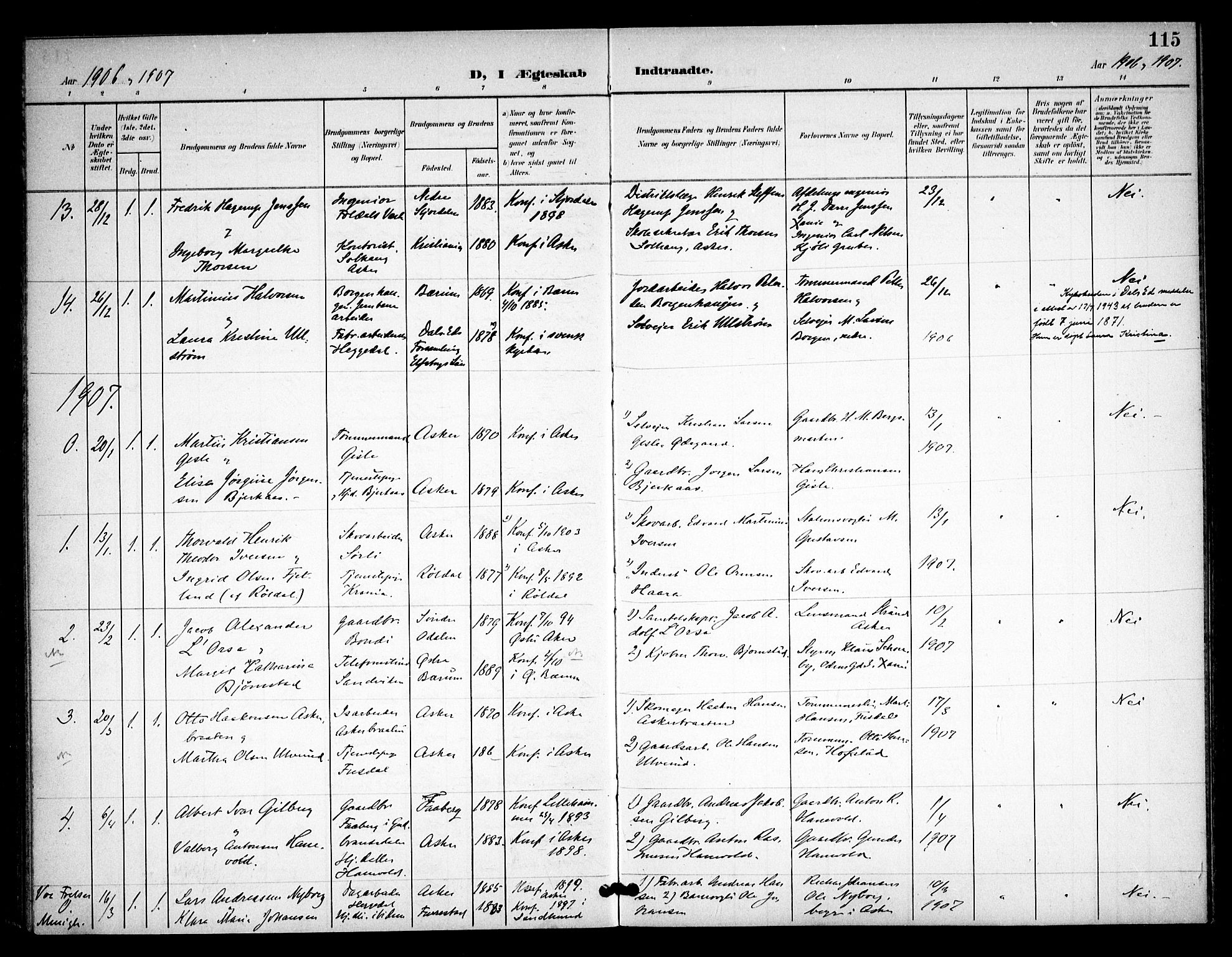 Asker prestekontor Kirkebøker, SAO/A-10256a/F/Fa/L0016: Parish register (official) no. I 16, 1900-1917, p. 115