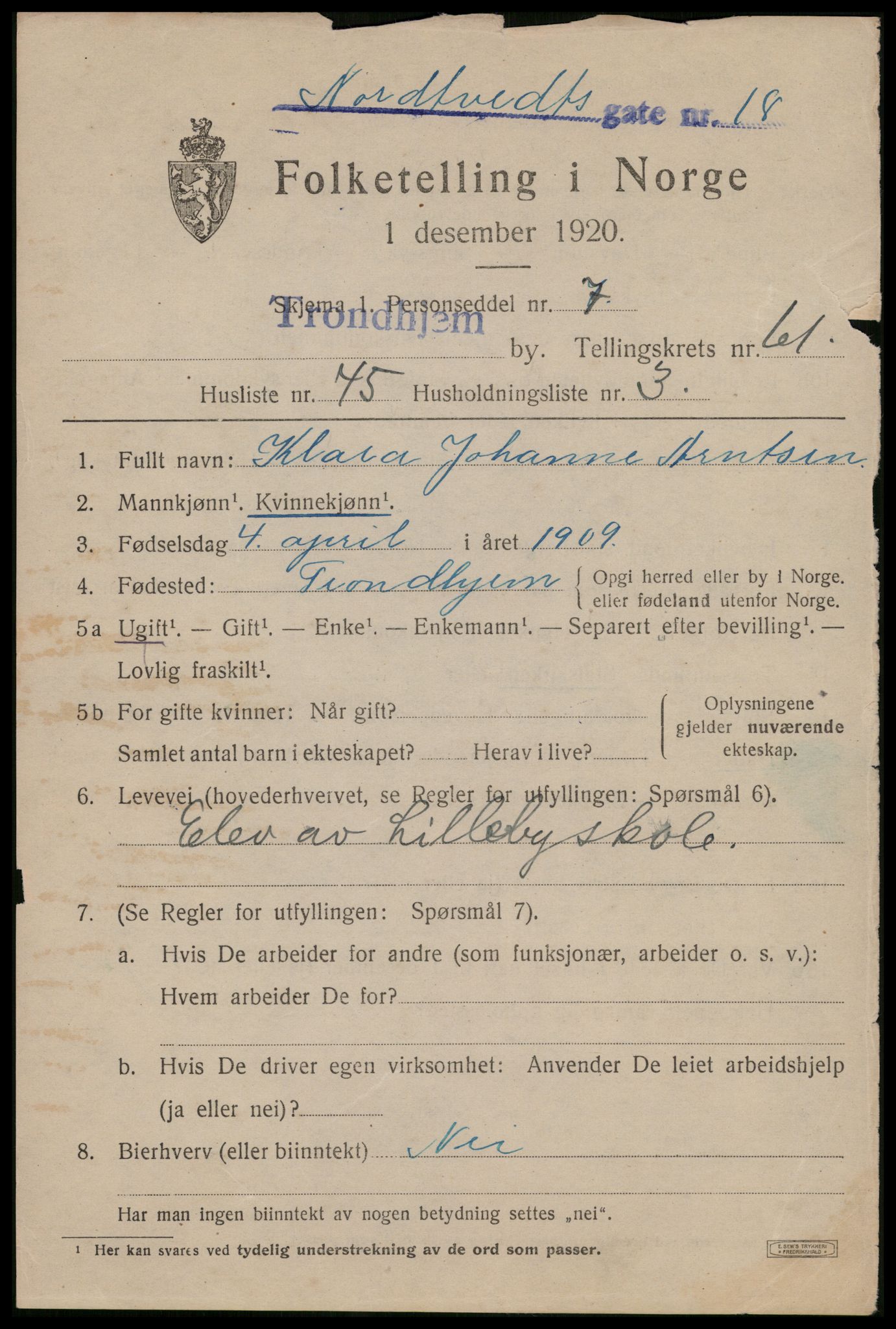 SAT, 1920 census for Trondheim, 1920, p. 123728