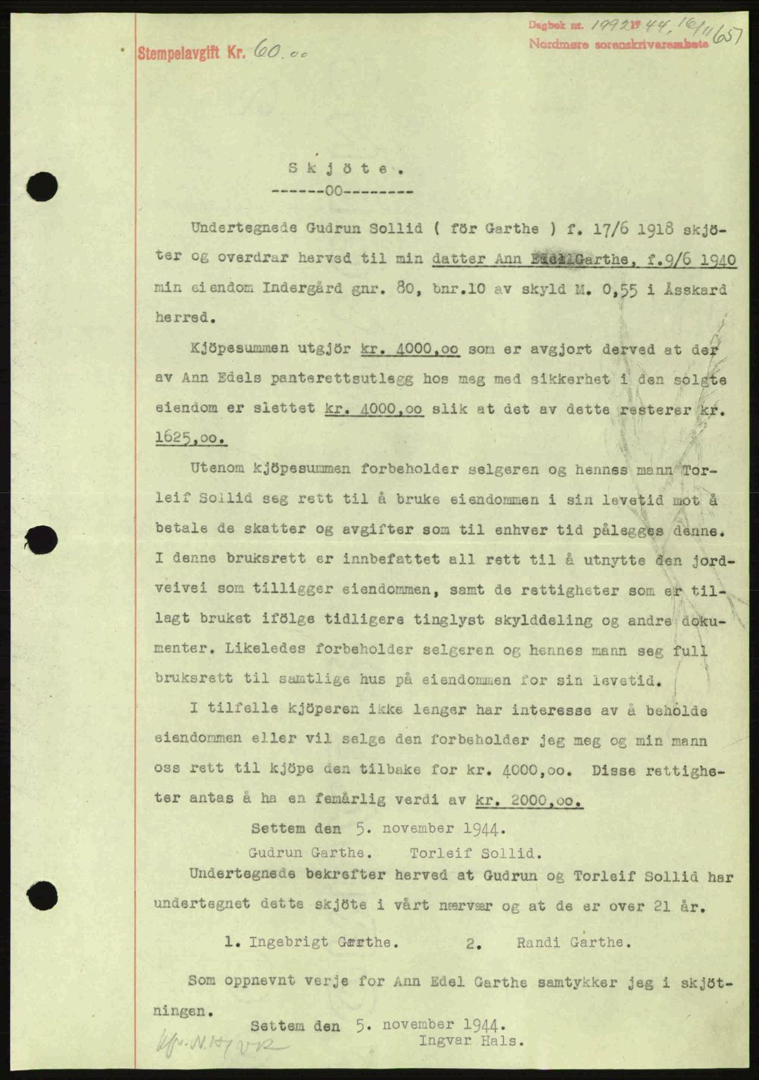 Nordmøre sorenskriveri, AV/SAT-A-4132/1/2/2Ca: Mortgage book no. A98, 1944-1944, Diary no: : 1992/1944