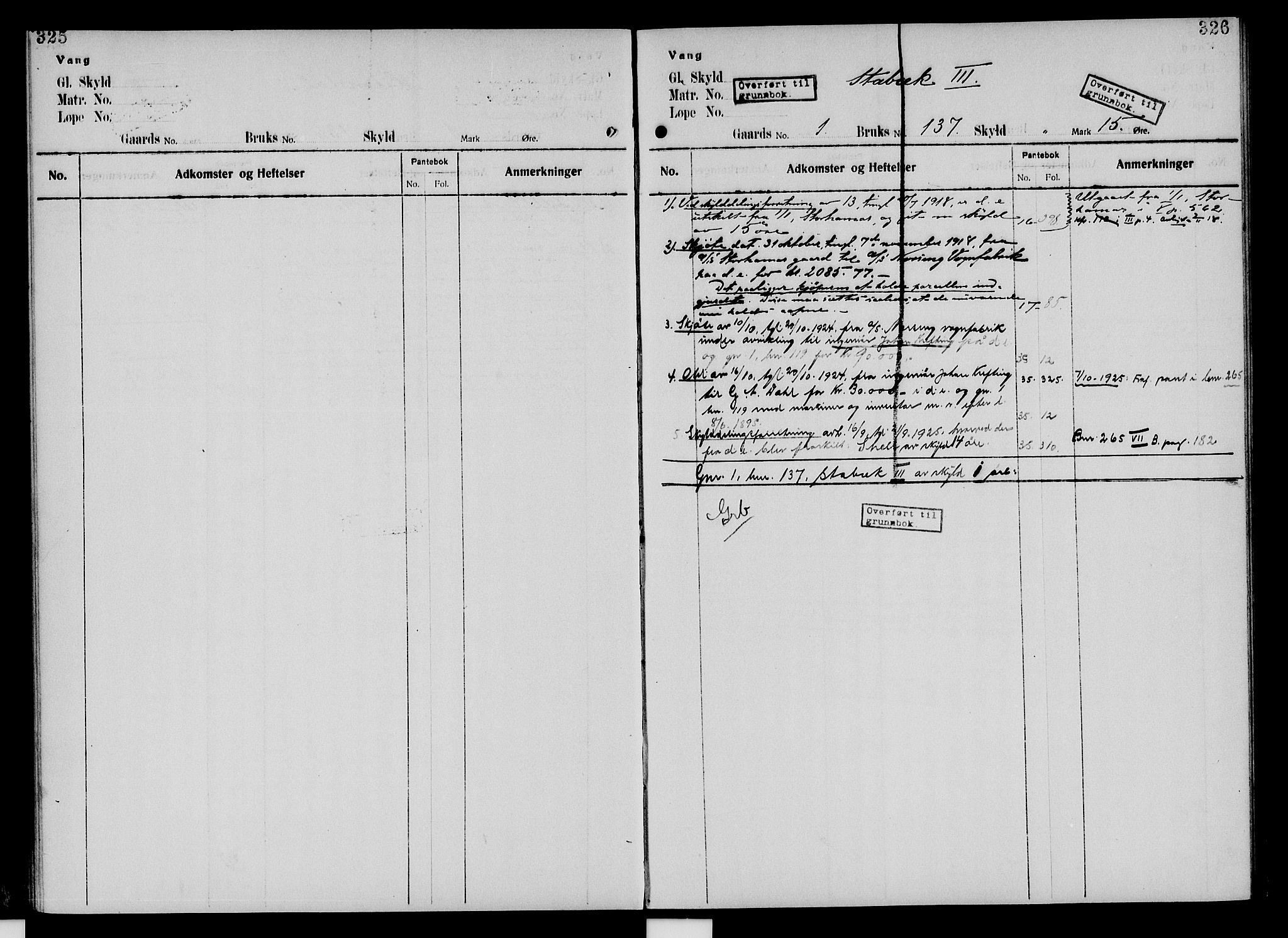Nord-Hedmark sorenskriveri, SAH/TING-012/H/Ha/Had/Hade/L0005: Mortgage register no. 4.5, 1916-1940, p. 325-326
