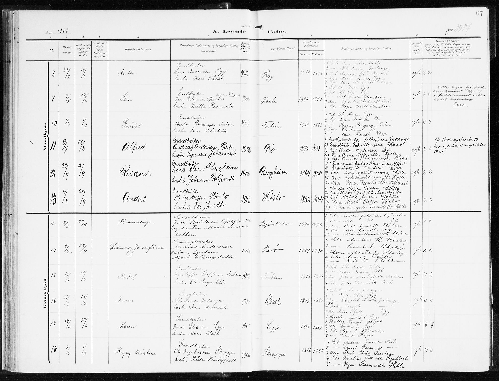 Gloppen sokneprestembete, AV/SAB-A-80101/H/Haa/Haac/L0003: Parish register (official) no. C 3, 1904-1921, p. 67