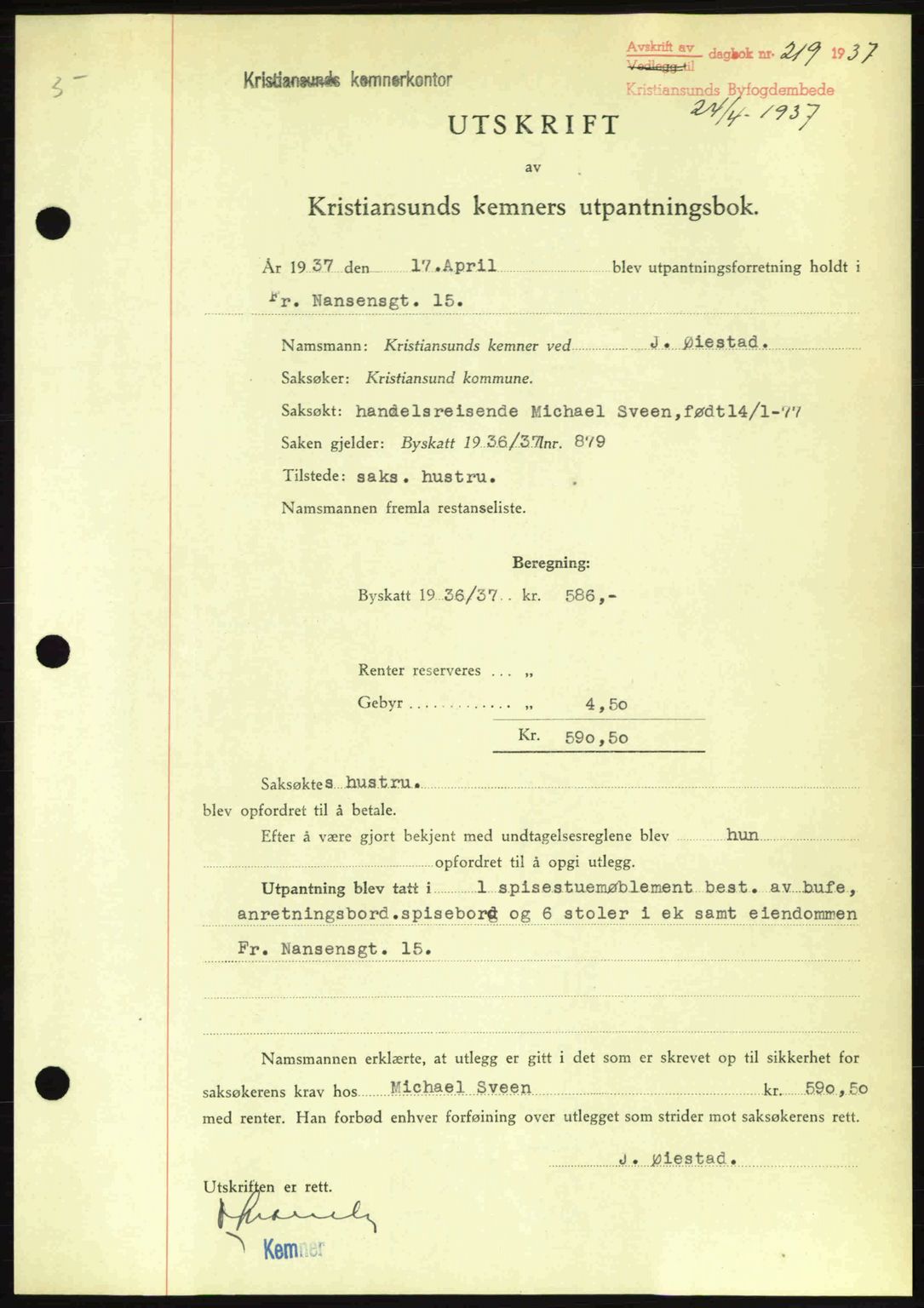 Kristiansund byfogd, AV/SAT-A-4587/A/27: Mortgage book no. 29, 1936-1937, Diary no: : 219/1937