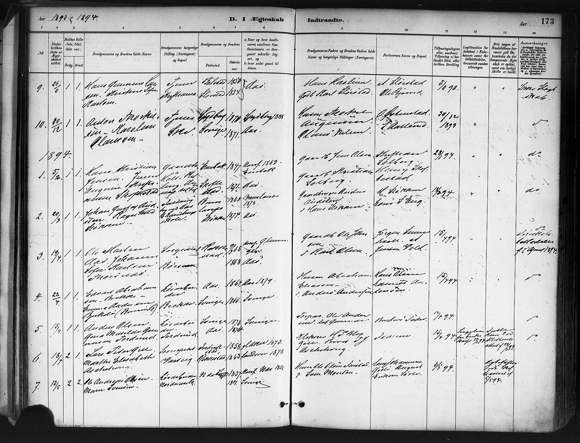 Ås prestekontor Kirkebøker, SAO/A-10894/F/Fa/L0009: Parish register (official) no. I 9, 1881-1900, p. 173