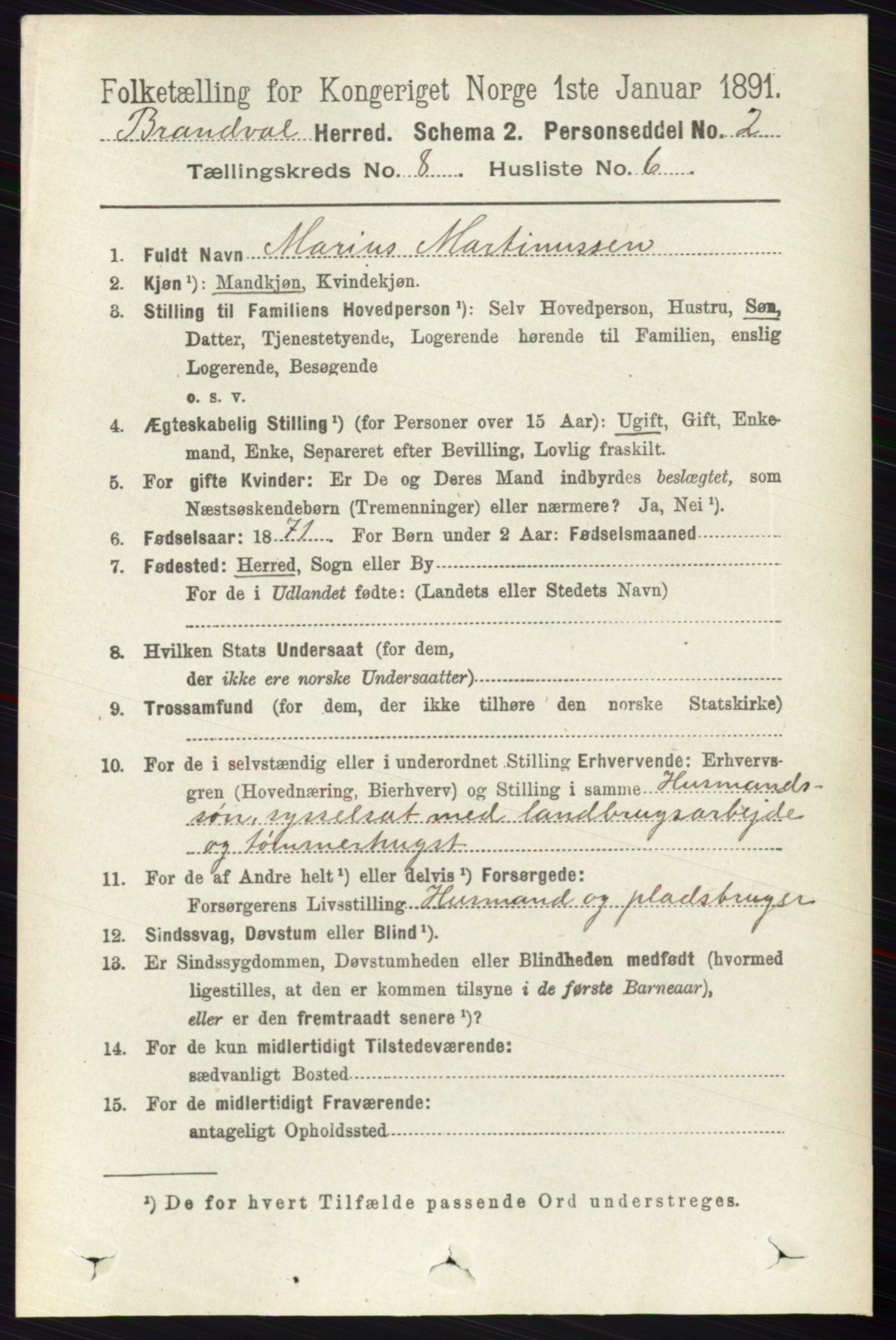 RA, 1891 census for 0422 Brandval, 1891, p. 3866