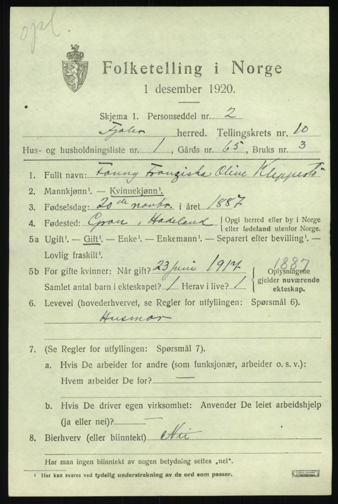 SAB, 1920 census for Fjaler, 1920, p. 4949