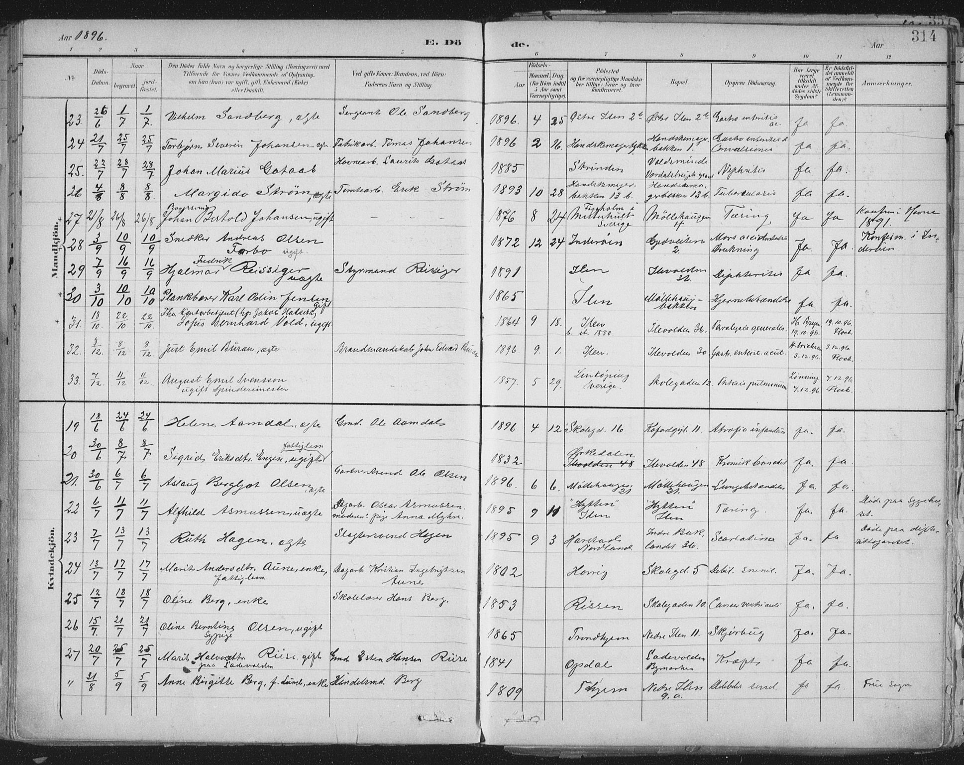 Ministerialprotokoller, klokkerbøker og fødselsregistre - Sør-Trøndelag, AV/SAT-A-1456/603/L0167: Parish register (official) no. 603A06, 1896-1932, p. 314