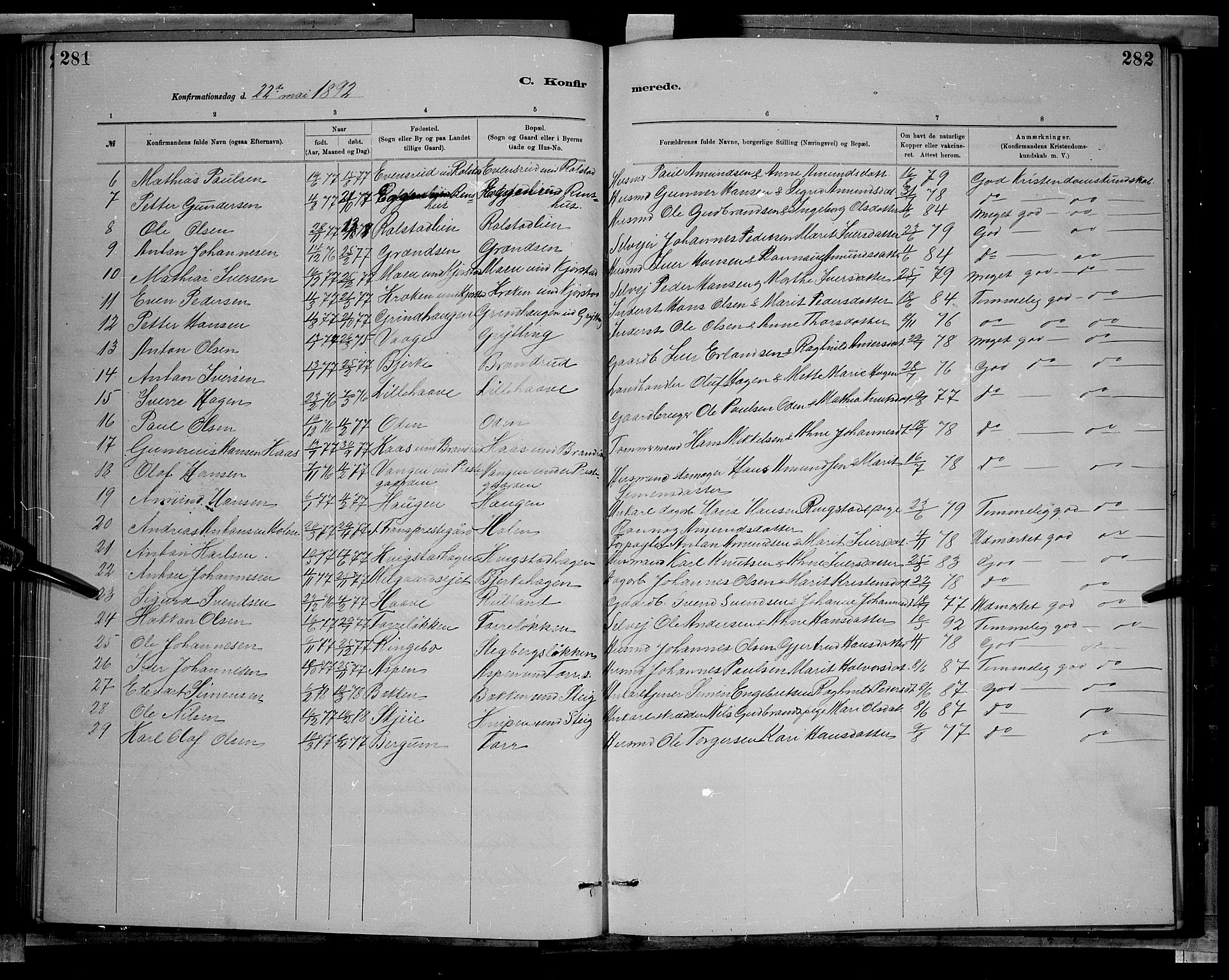 Sør-Fron prestekontor, SAH/PREST-010/H/Ha/Hab/L0003: Parish register (copy) no. 3, 1884-1896, p. 281-282