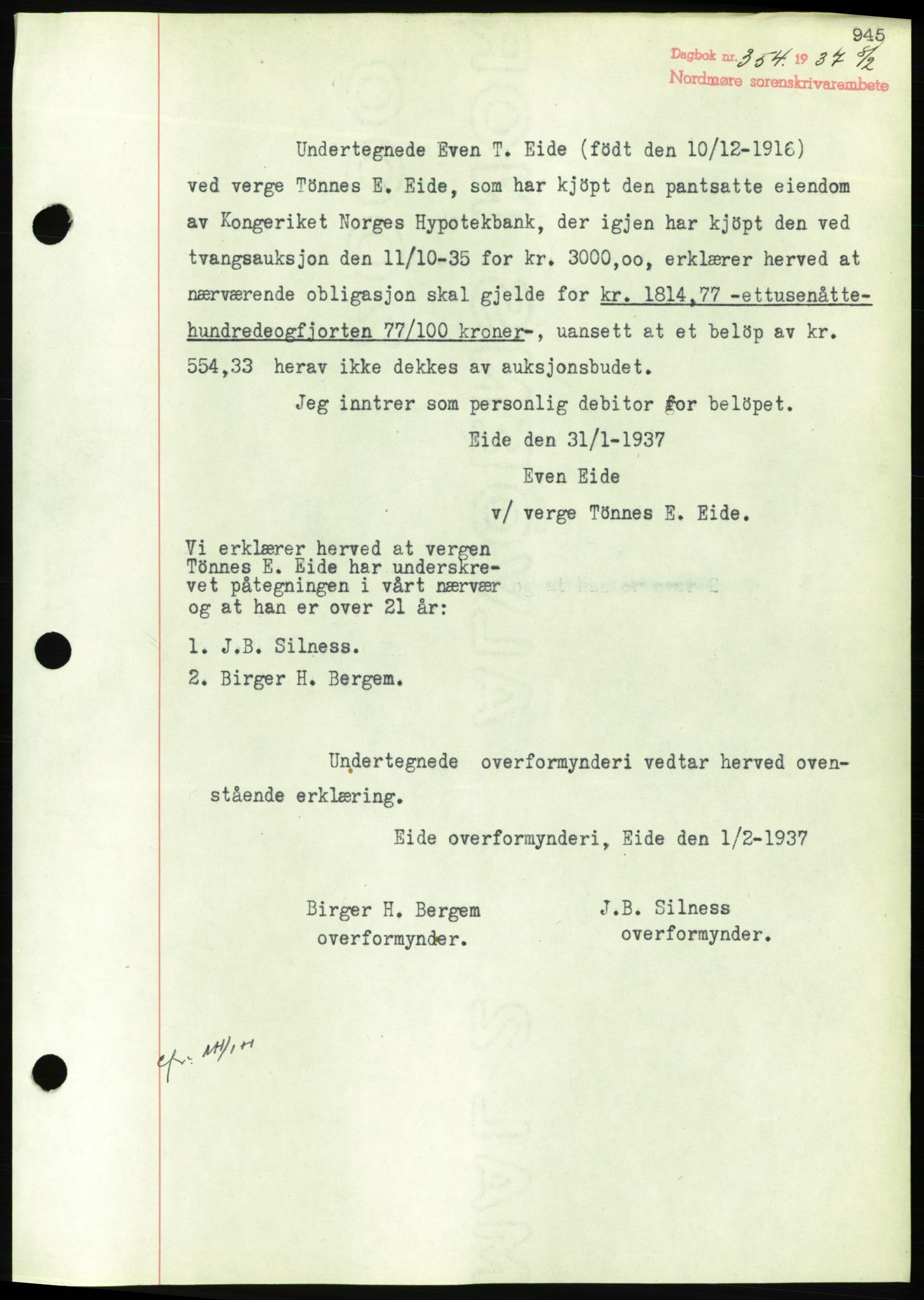 Nordmøre sorenskriveri, AV/SAT-A-4132/1/2/2Ca/L0090: Mortgage book no. B80, 1936-1937, Diary no: : 354/1937