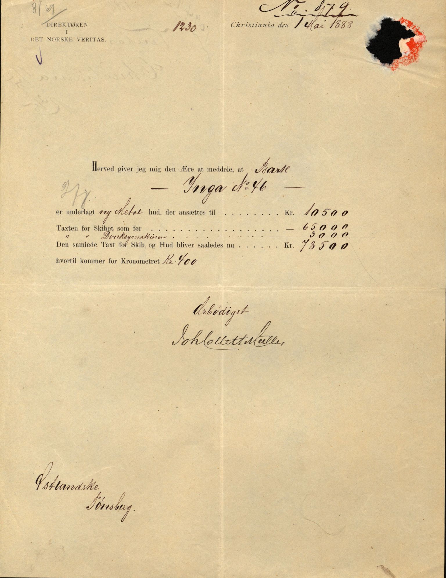 Pa 63 - Østlandske skibsassuranceforening, VEMU/A-1079/G/Ga/L0021/0003: Havaridokumenter / Inga av Drammen, Inga av Sandefjord, Primula, 1888-1889, p. 36