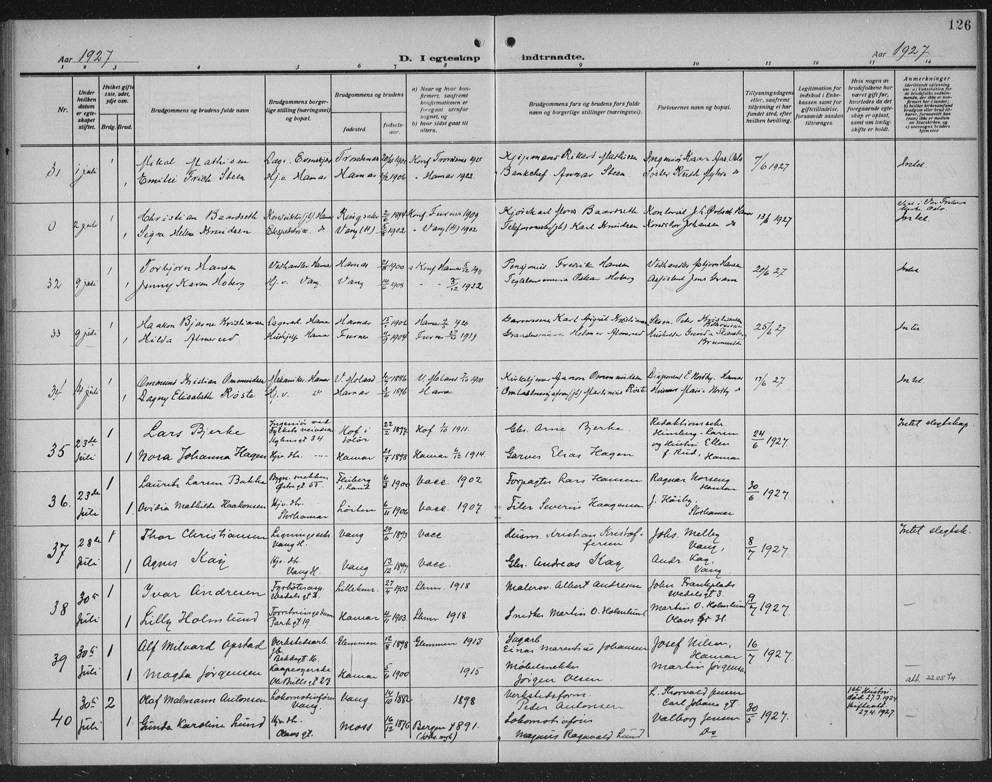 Hamar prestekontor, SAH/DOMPH-002/H/Ha/Haa/L0003: Parish register (official) no. 3, 1913-1930, p. 126