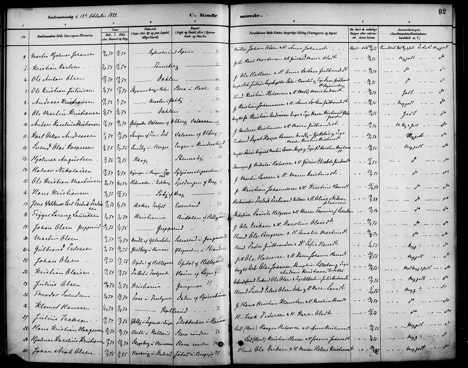 Høland prestekontor Kirkebøker, SAO/A-10346a/F/Fb/L0001: Parish register (official) no. II 1, 1880-1897, p. 92