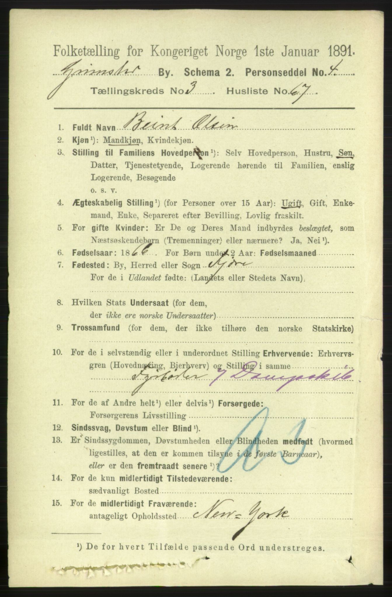 RA, 1891 census for 0904 Grimstad, 1891, p. 2542